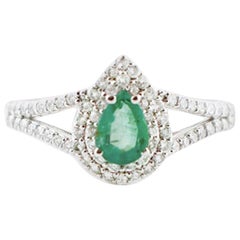 Diamonds, Emerald, 18 Karat White Gold Drop-Shaped Ring