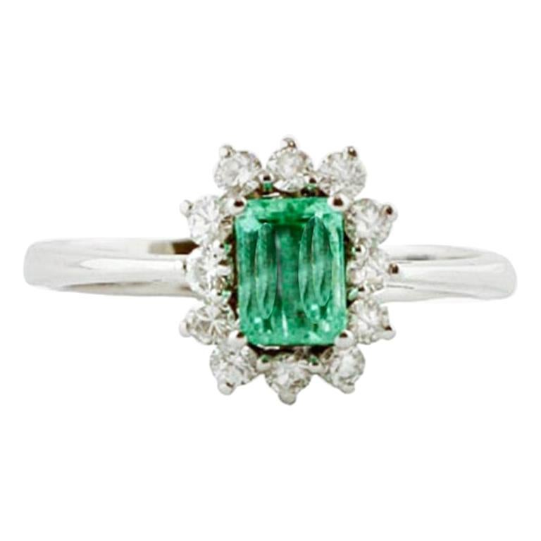 Diamonds, Emerald, 18 Karat White Gold Engagement Ring