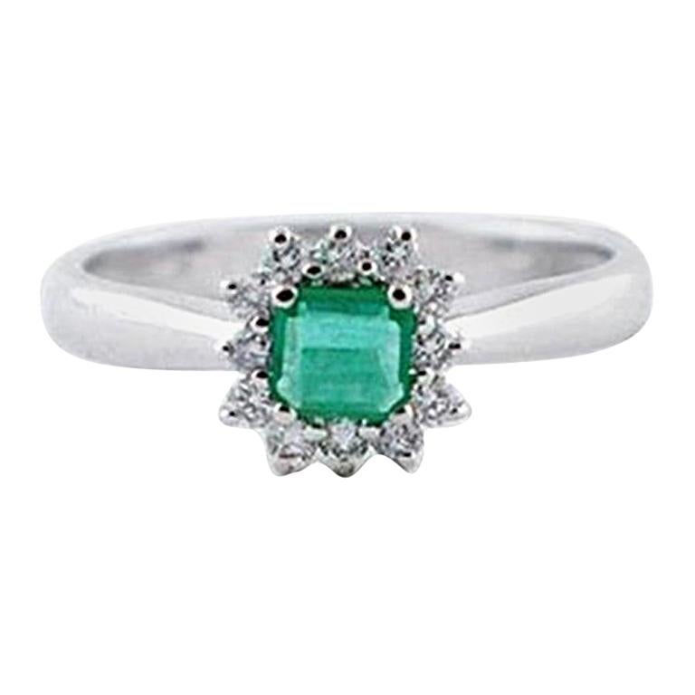 Diamonds, Emerald, 18 Karat White Gold Engagement Ring For Sale