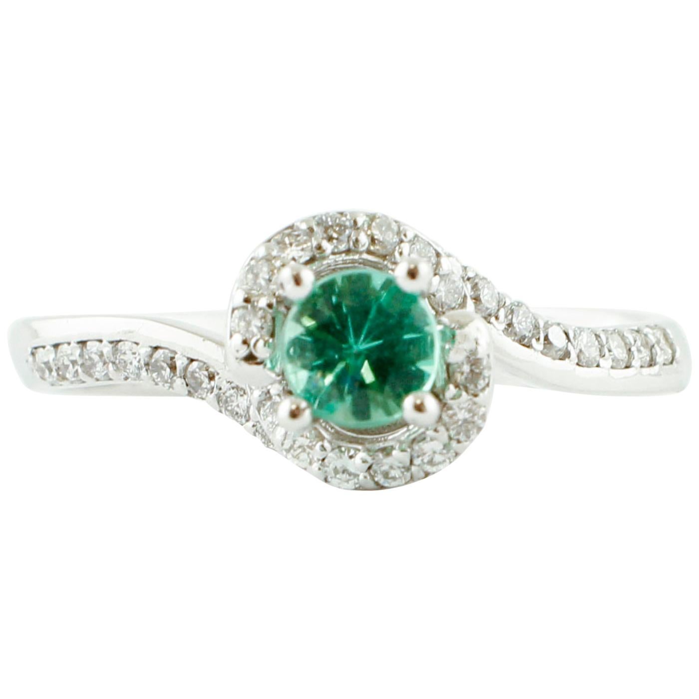 Verlobungs-/Solitaire-Ring mit Diamanten, Smaragd, 18 Karat Weißgold