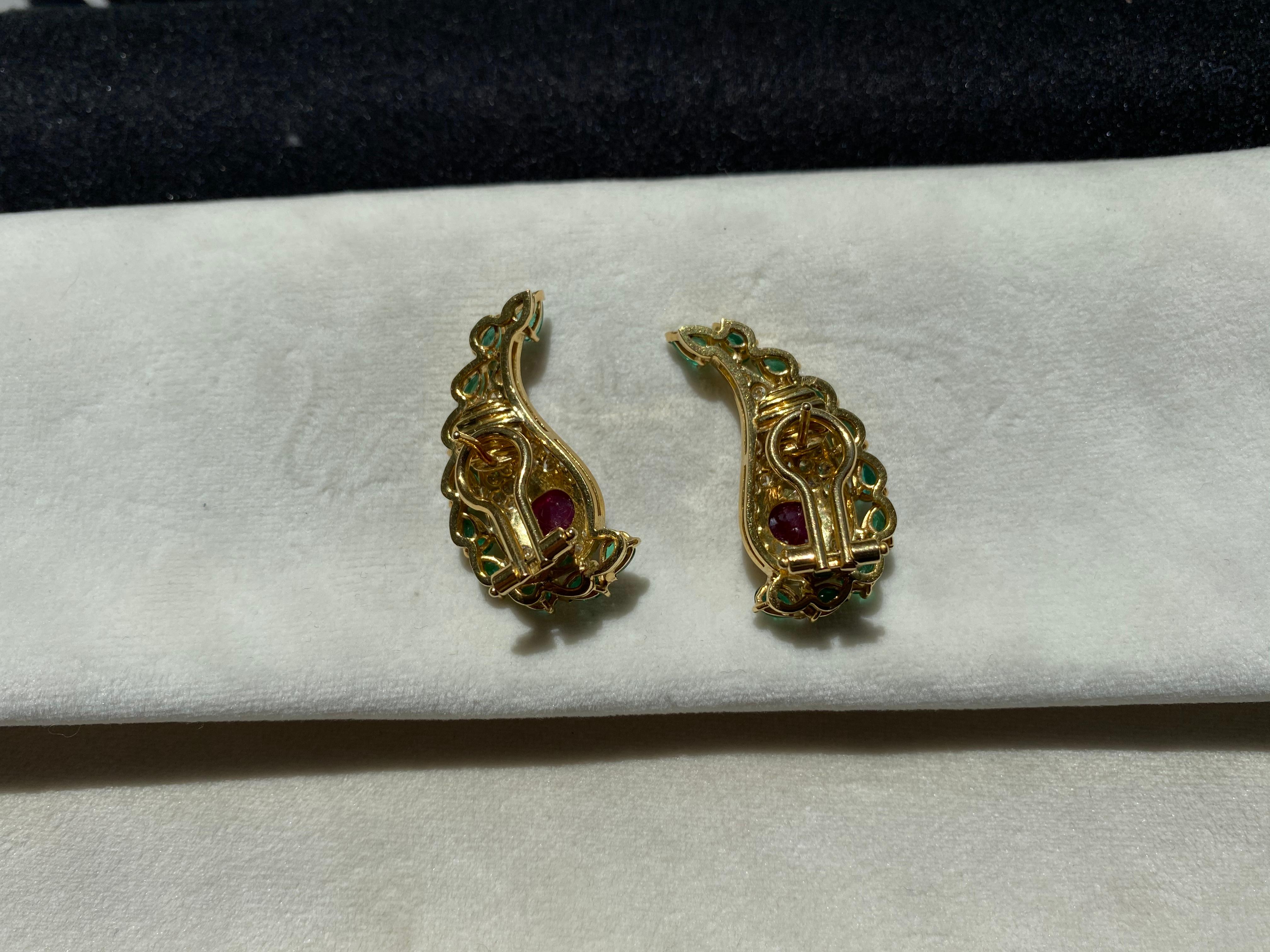 Pear Cut Diamonds Emerald and Rubies Cabochon Clip-On Earrings