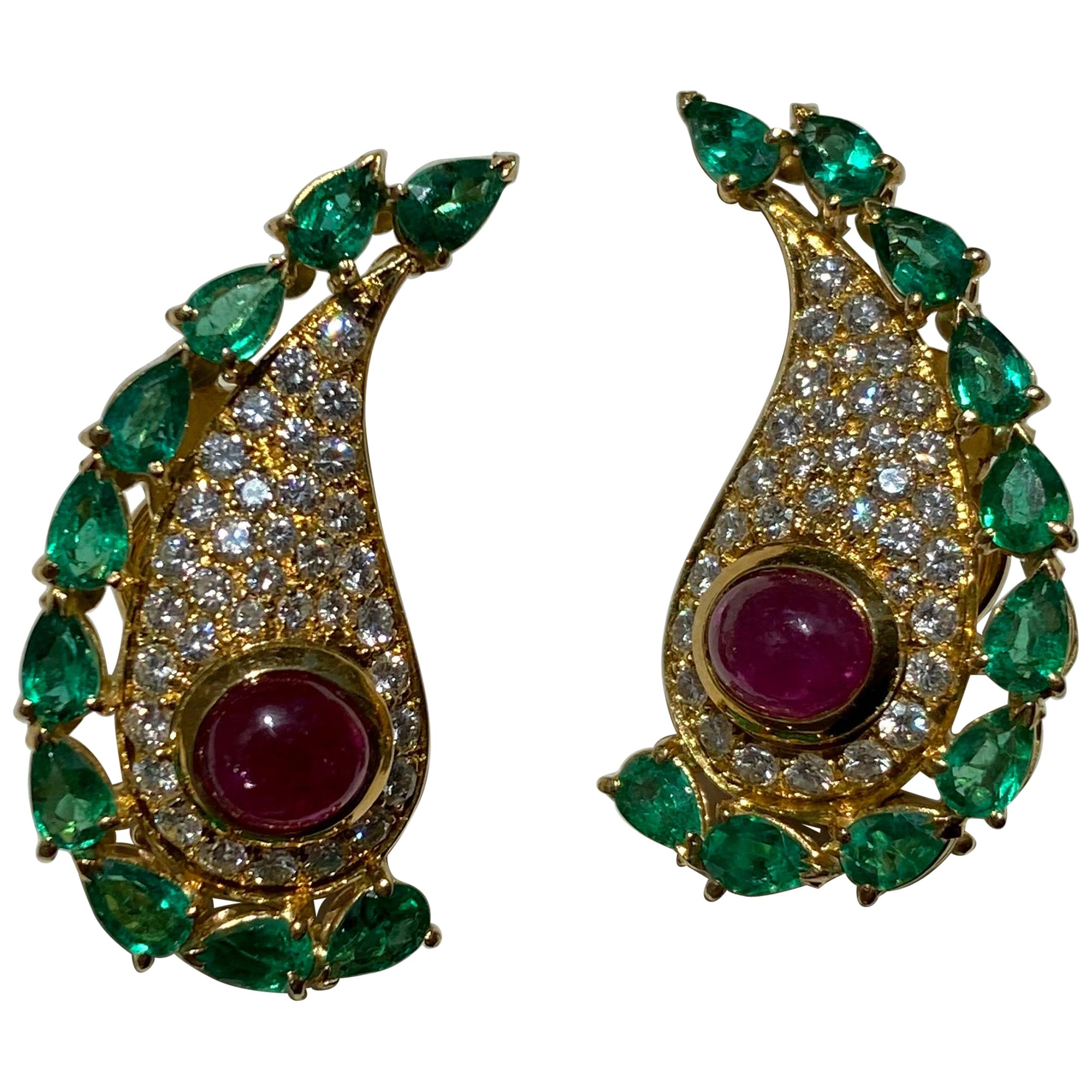 Diamonds Emerald and Rubies Cabochon Clip-On Earrings