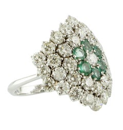 Diamonds, Emerald Flower, 14 Karat White Gold Cluster Ring