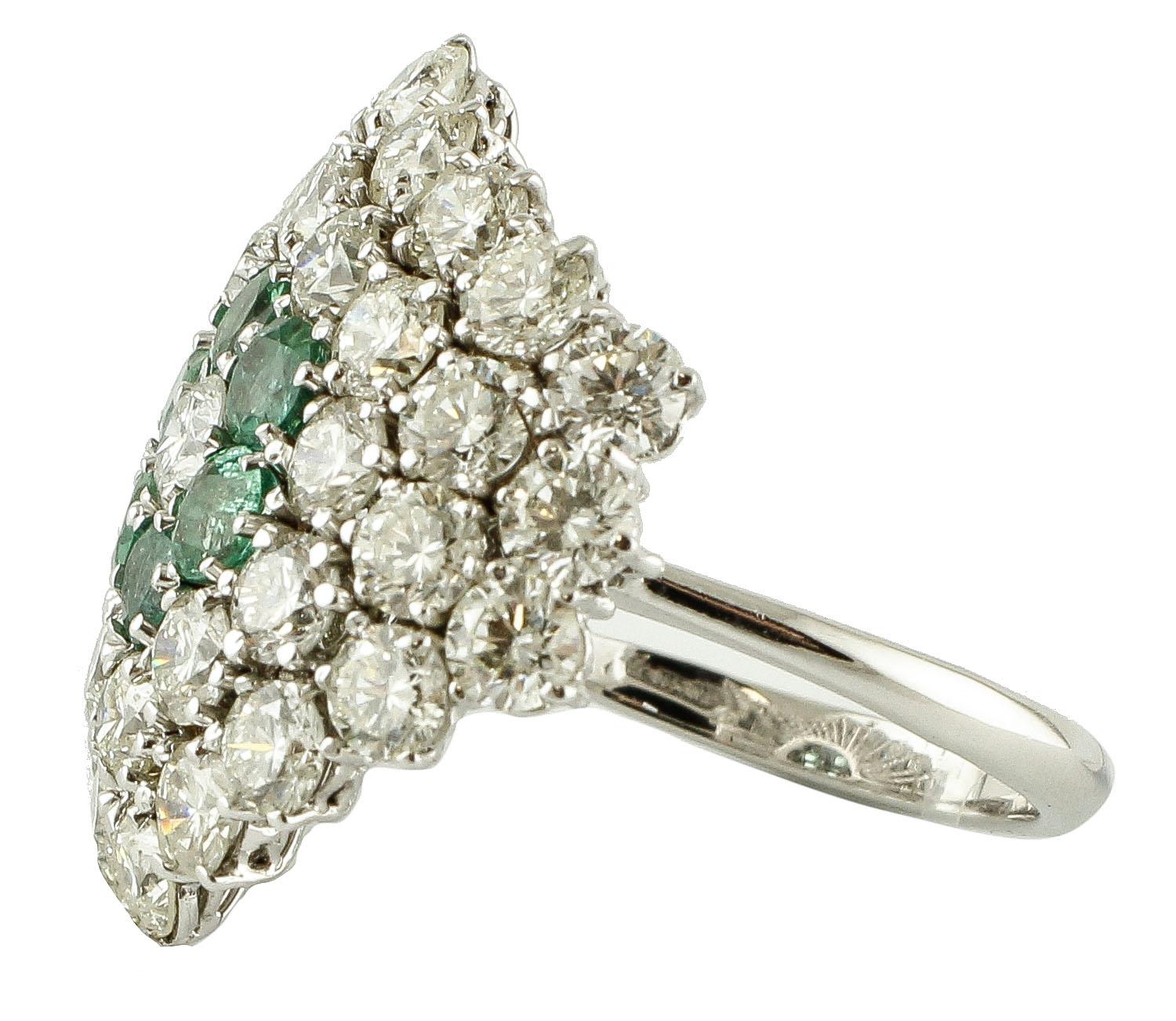 Retro Diamonds, Emerald Flower, 14 Karat White Gold Cluster Ring For Sale