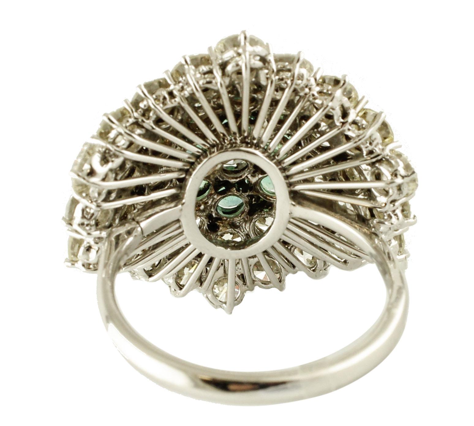 Brilliant Cut Diamonds, Emerald Flower, 14 Karat White Gold Cluster Ring For Sale