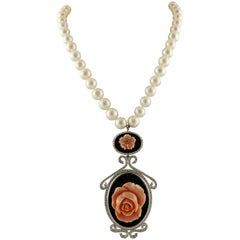 Diamonds, Emerald, Onyx, Coral Flower, Pearl, White Gold Beaded Pendant Necklace