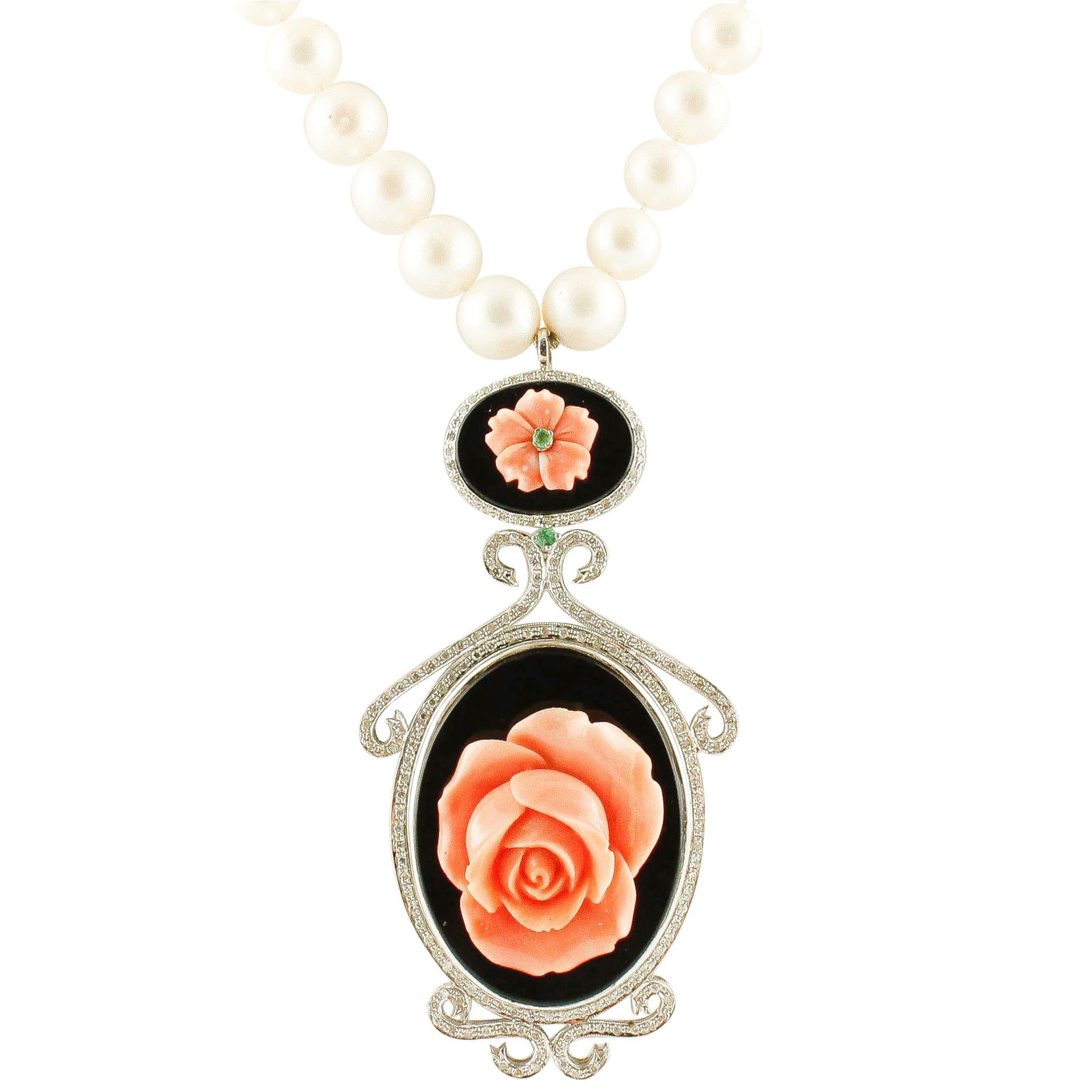Diamonds, Emerald, Onyx, Coral Flower, Pearl, White Gold Beaded Pendant Necklace