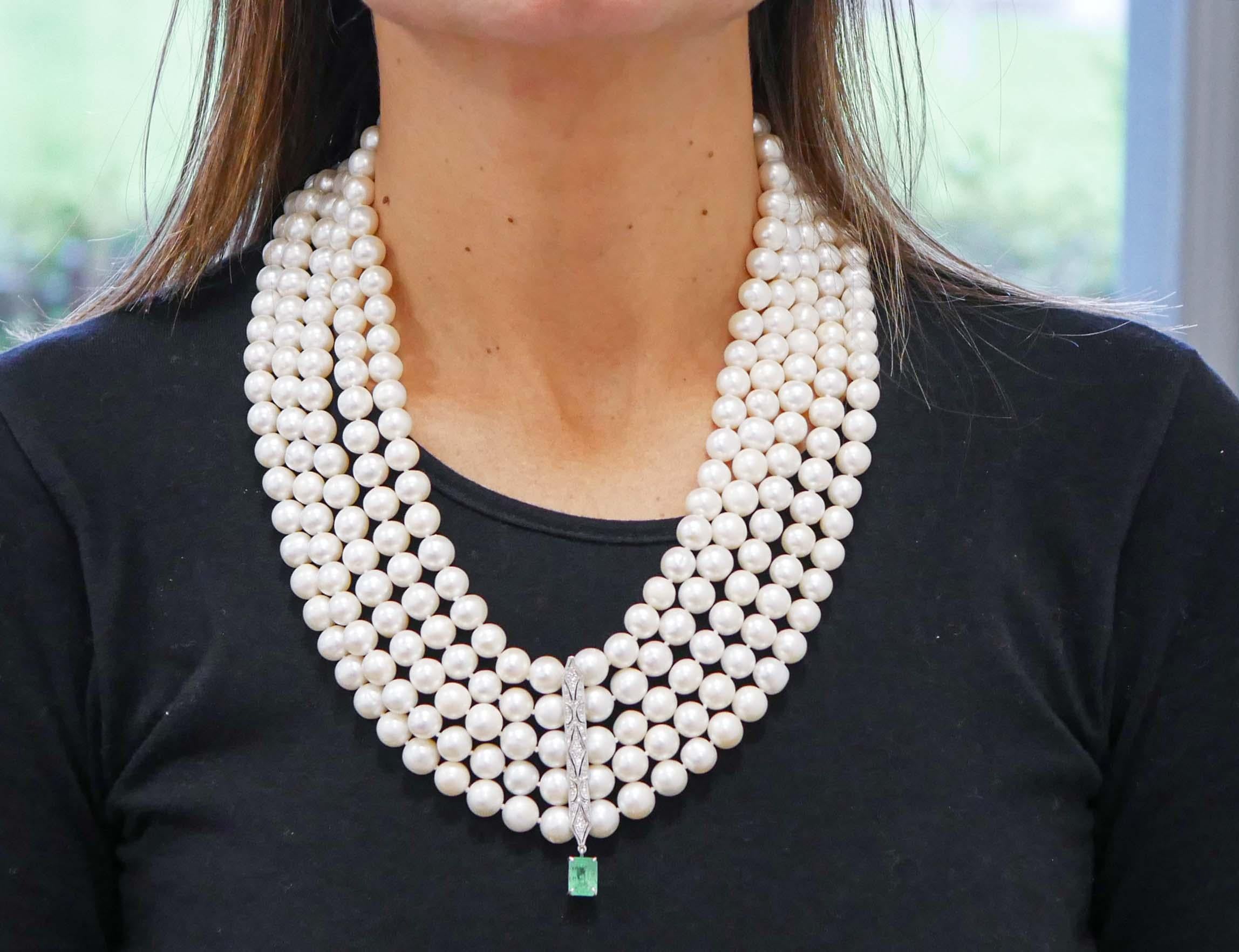 Women's Diamonds, Emerald, Pearls, Platinum Necklace