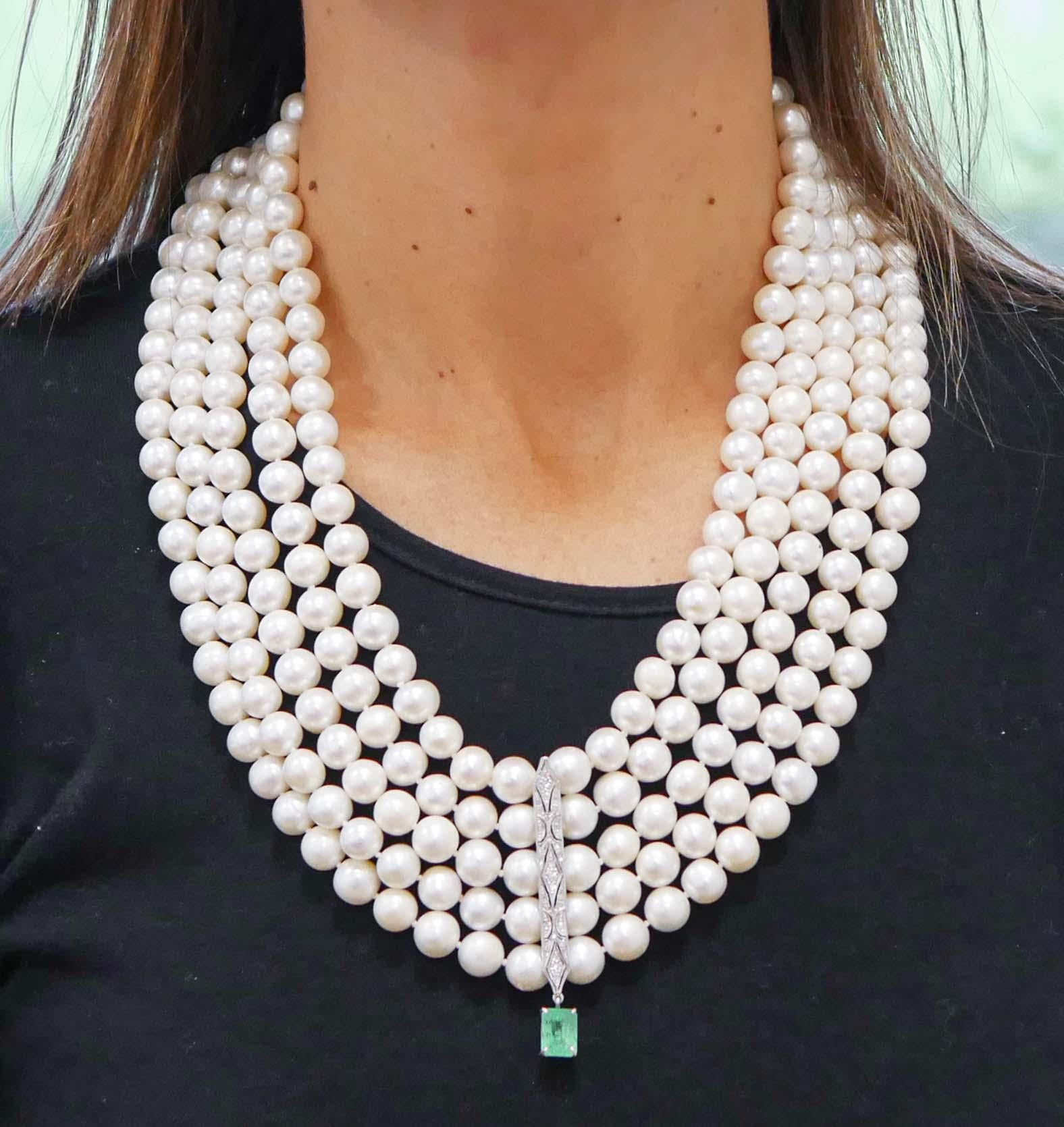 Diamonds, Emerald, Pearls, Platinum Necklace 1