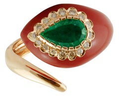 Diamonds, Emerald, Red Coral, Rose Gold, Snake Shape Fashion Ring