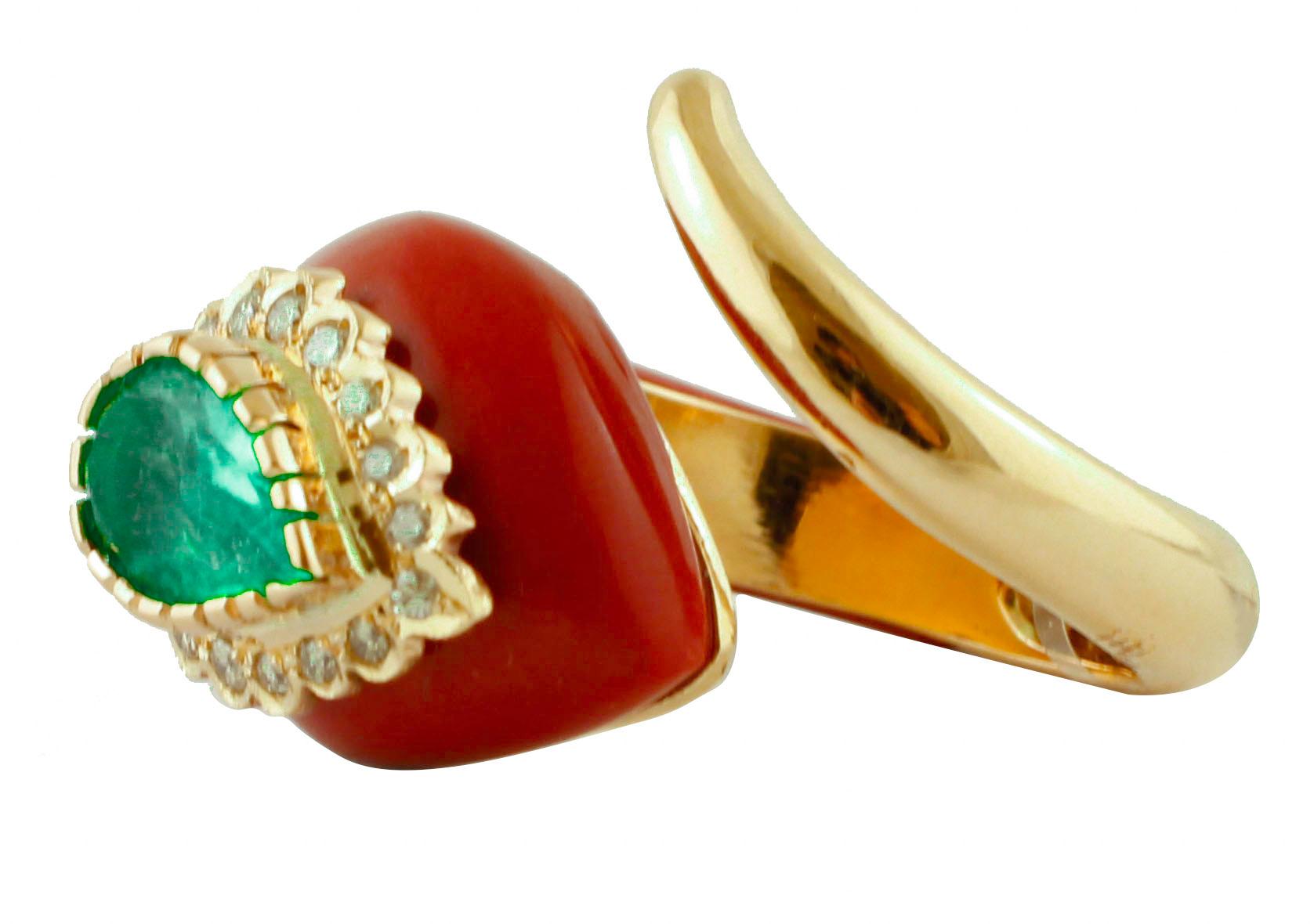 Brilliant Cut Diamonds, Emerald, Red Coral, Rose Gold, Snake Shape Fashion Ring