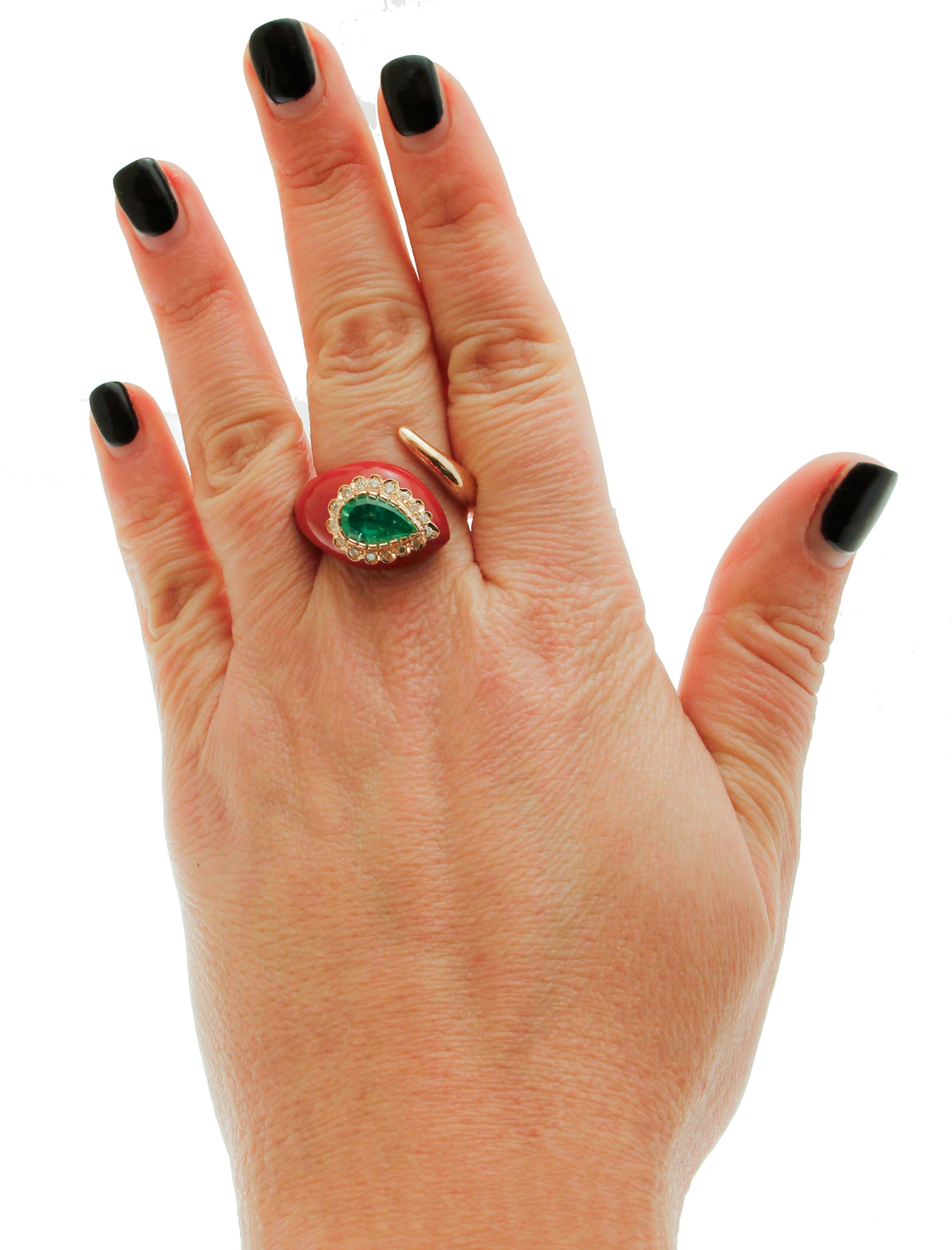 Women's Diamonds, Emerald, Red Coral, Rose Gold, Snake Shape Fashion Ring