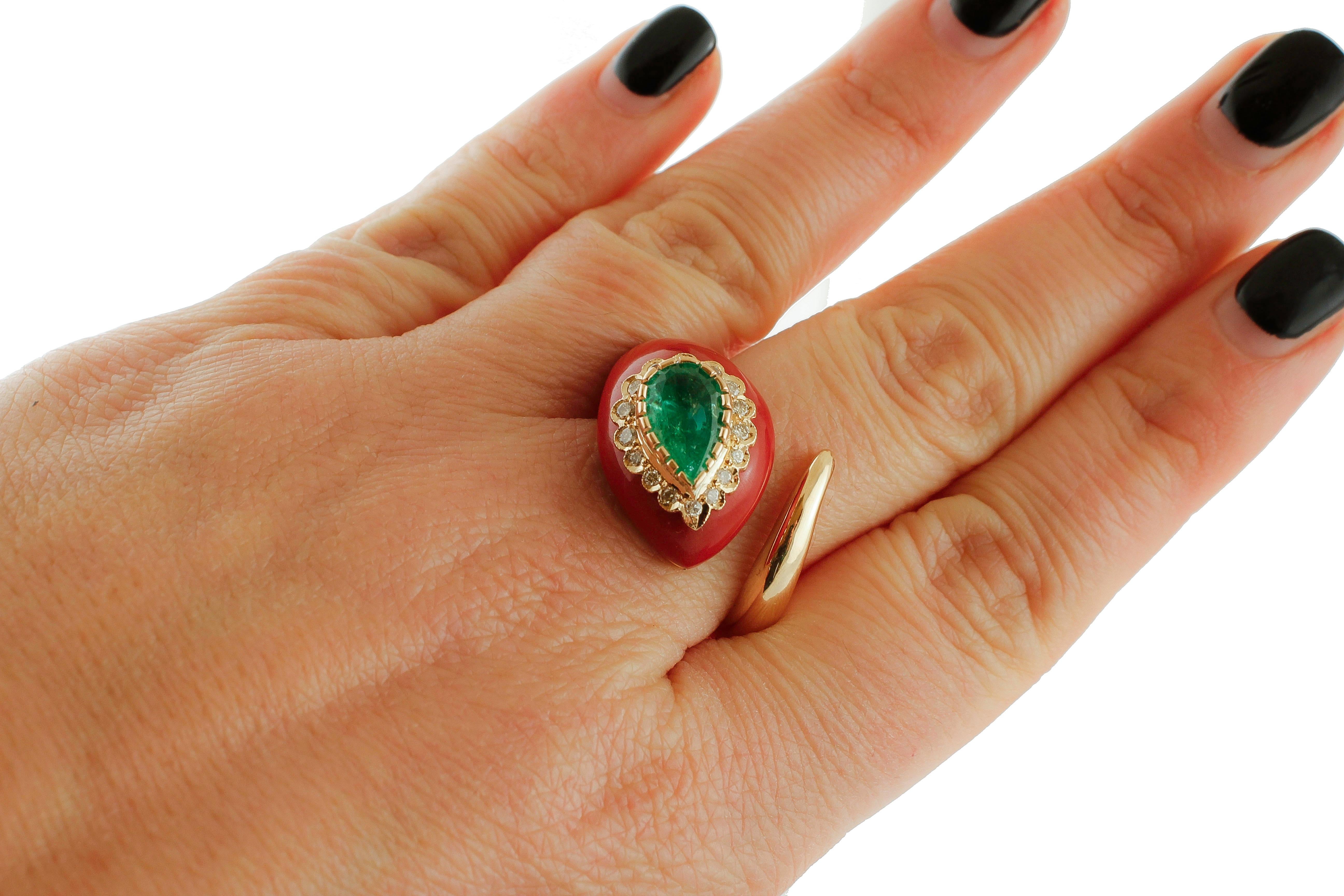 Diamonds, Emerald, Red Coral, Rose Gold, Snake Shape Fashion Ring 1