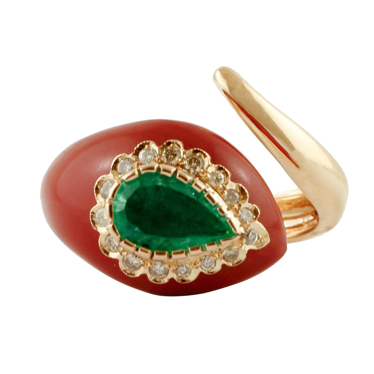 Diamonds, Emerald, Red Coral, Rose Gold, Snake Shape Fashion Ring