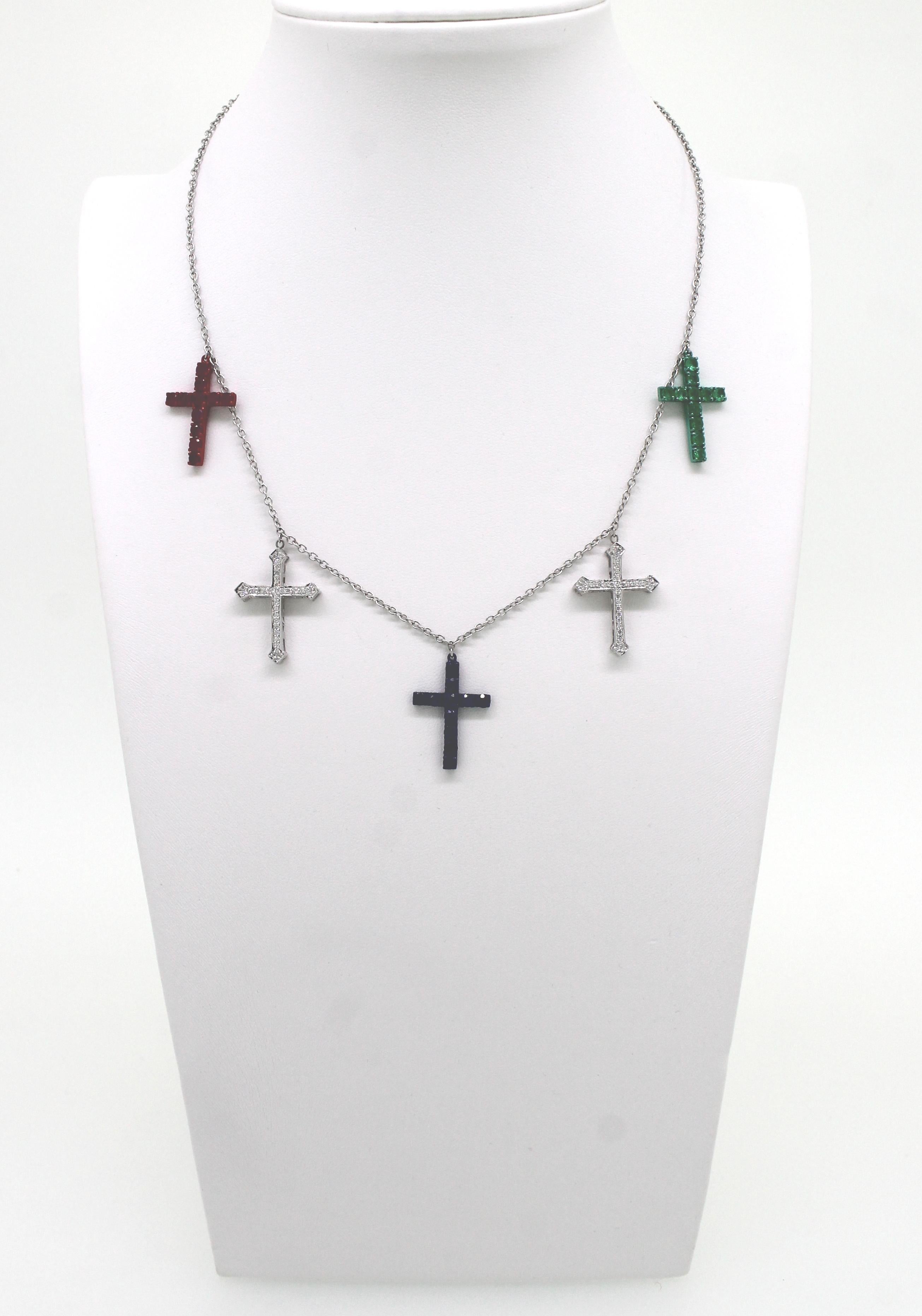 Contemporary Diamonds, Emerald, Ruby and Sapphire Crosses Charms Necklace