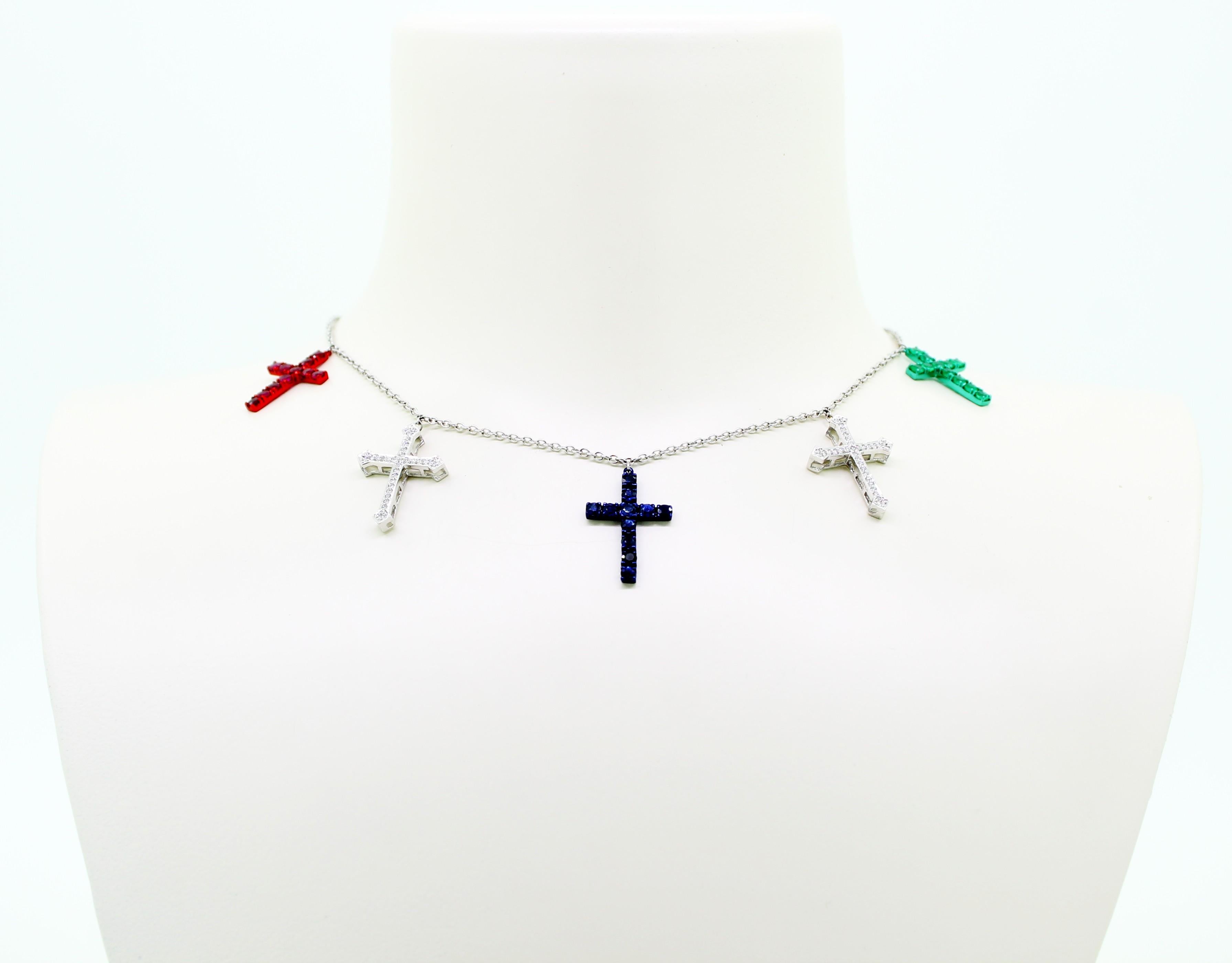 Diamonds, Emerald, Ruby and Sapphire Crosses Charms Necklace In New Condition In Milano, IT
