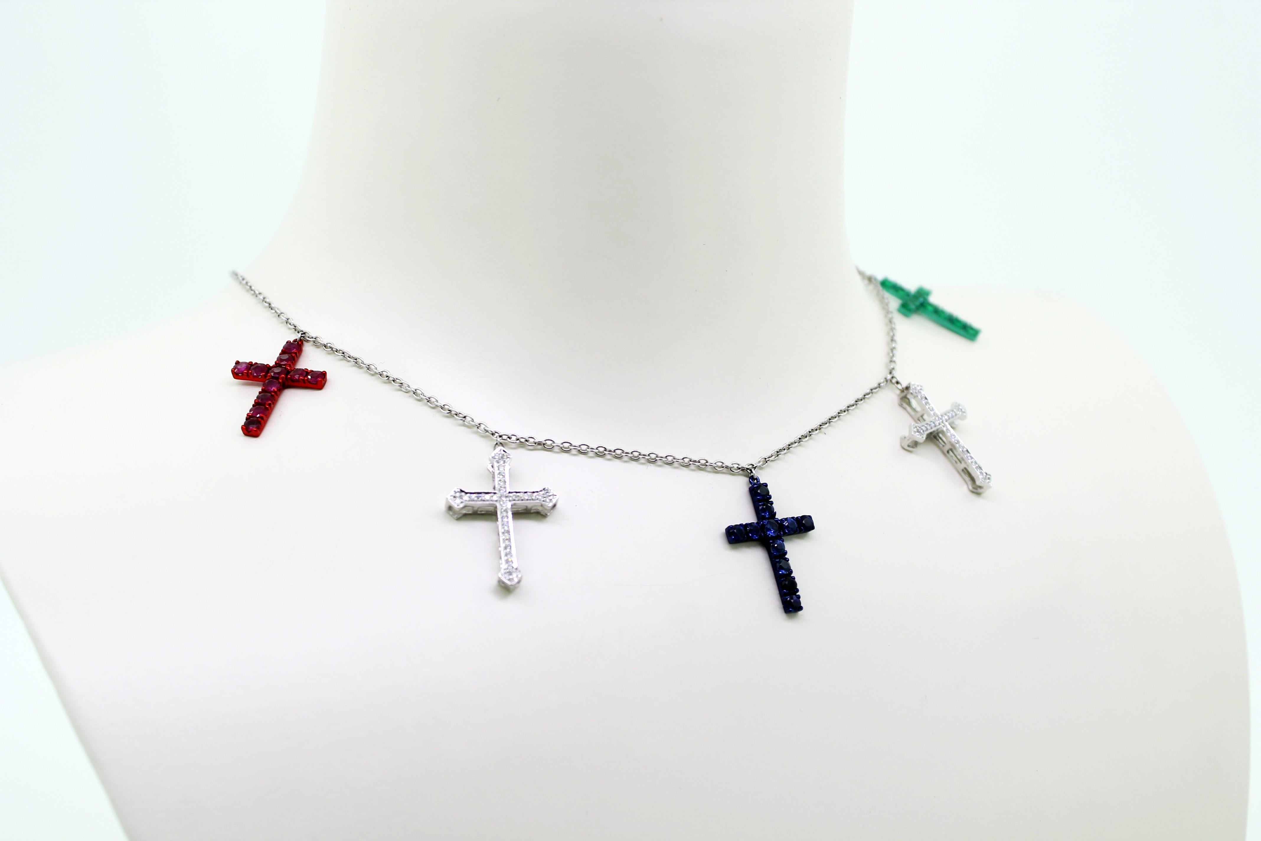 Women's Diamonds, Emerald, Ruby and Sapphire Crosses Charms Necklace