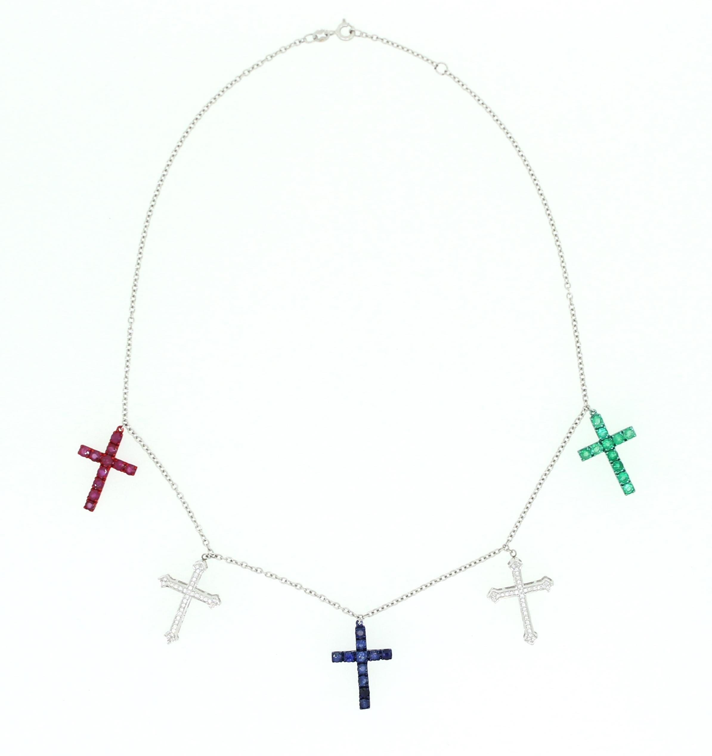 Diamonds, Emerald, Ruby and Sapphire Crosses Charms Necklace 1