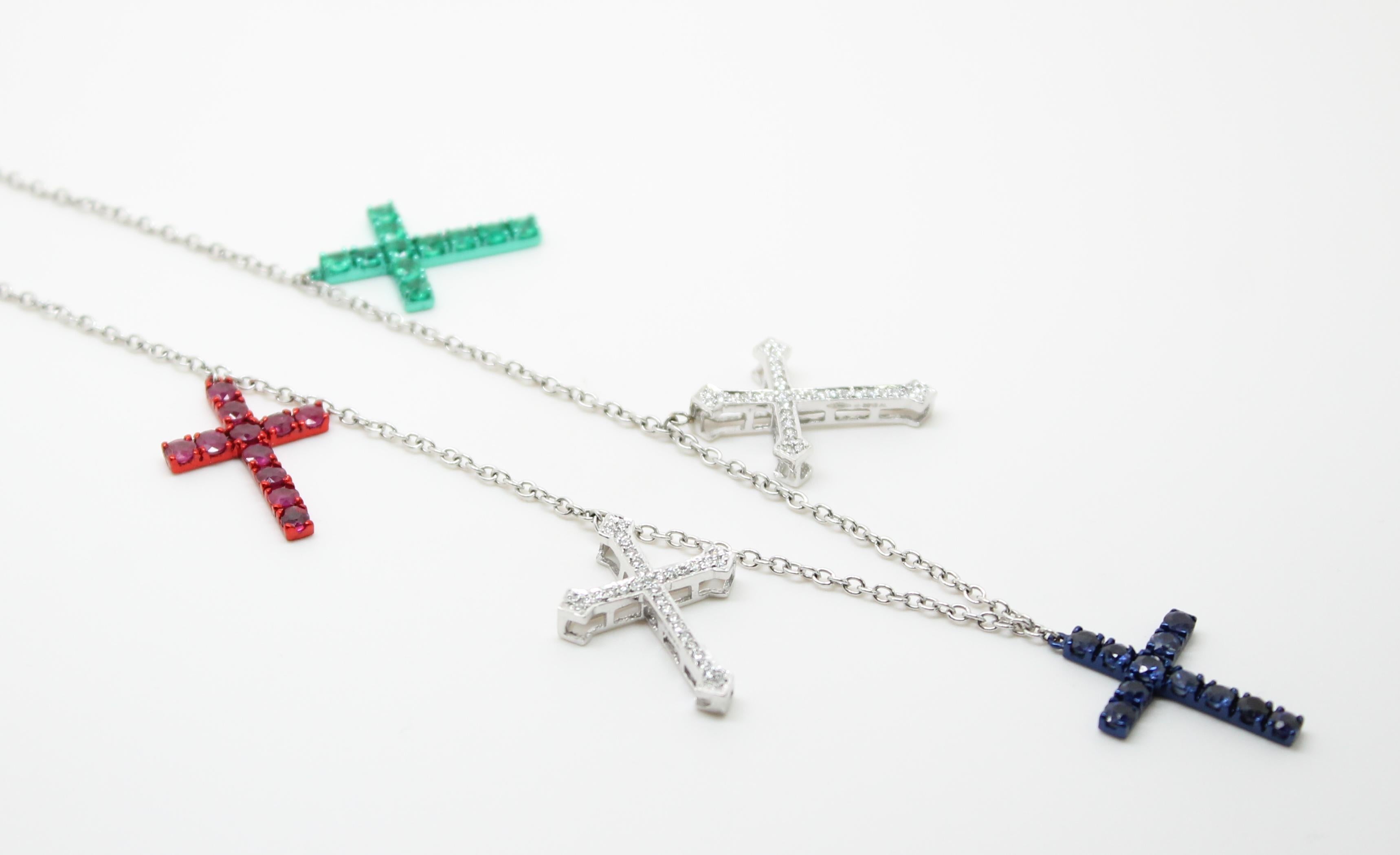 Diamonds, Emerald, Ruby and Sapphire Crosses Charms Necklace 2