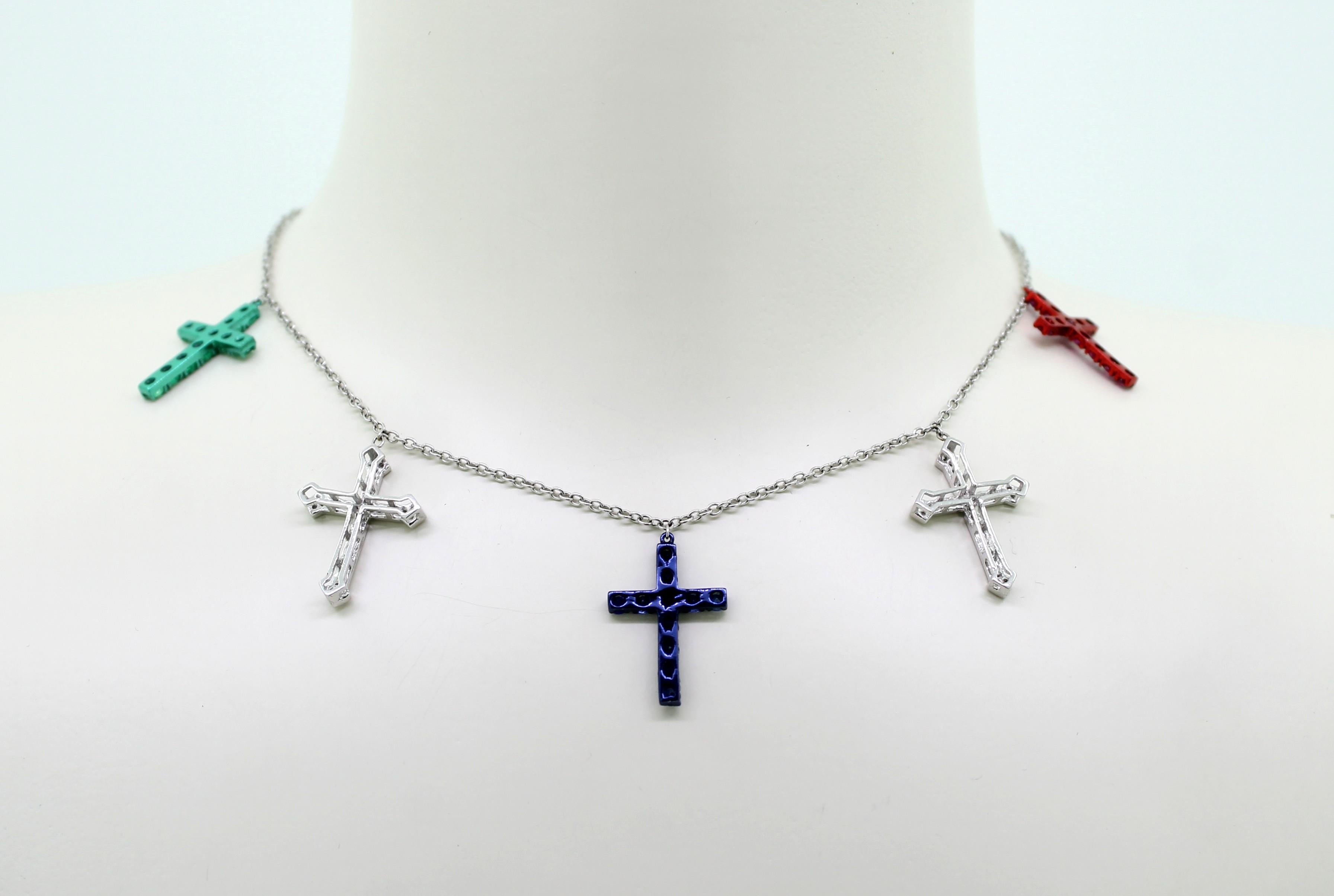 Diamonds, Emerald, Ruby and Sapphire Crosses Charms Necklace 3