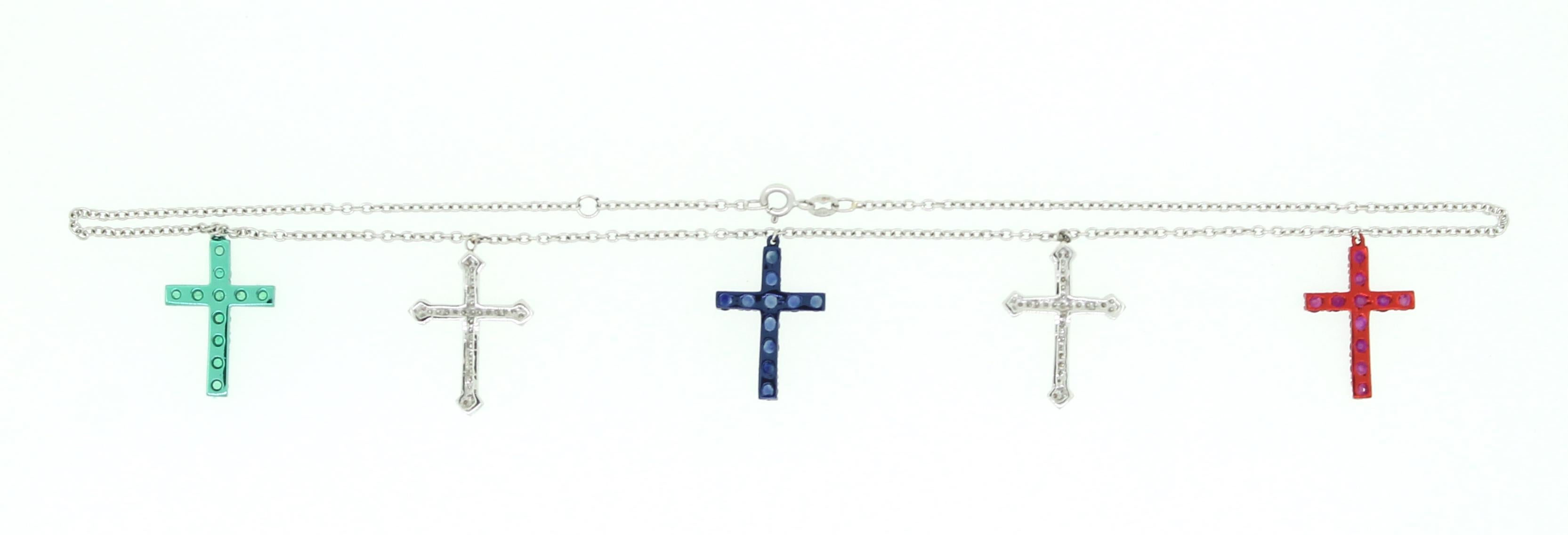 Diamonds, Emerald, Ruby and Sapphire Crosses Charms Necklace 4