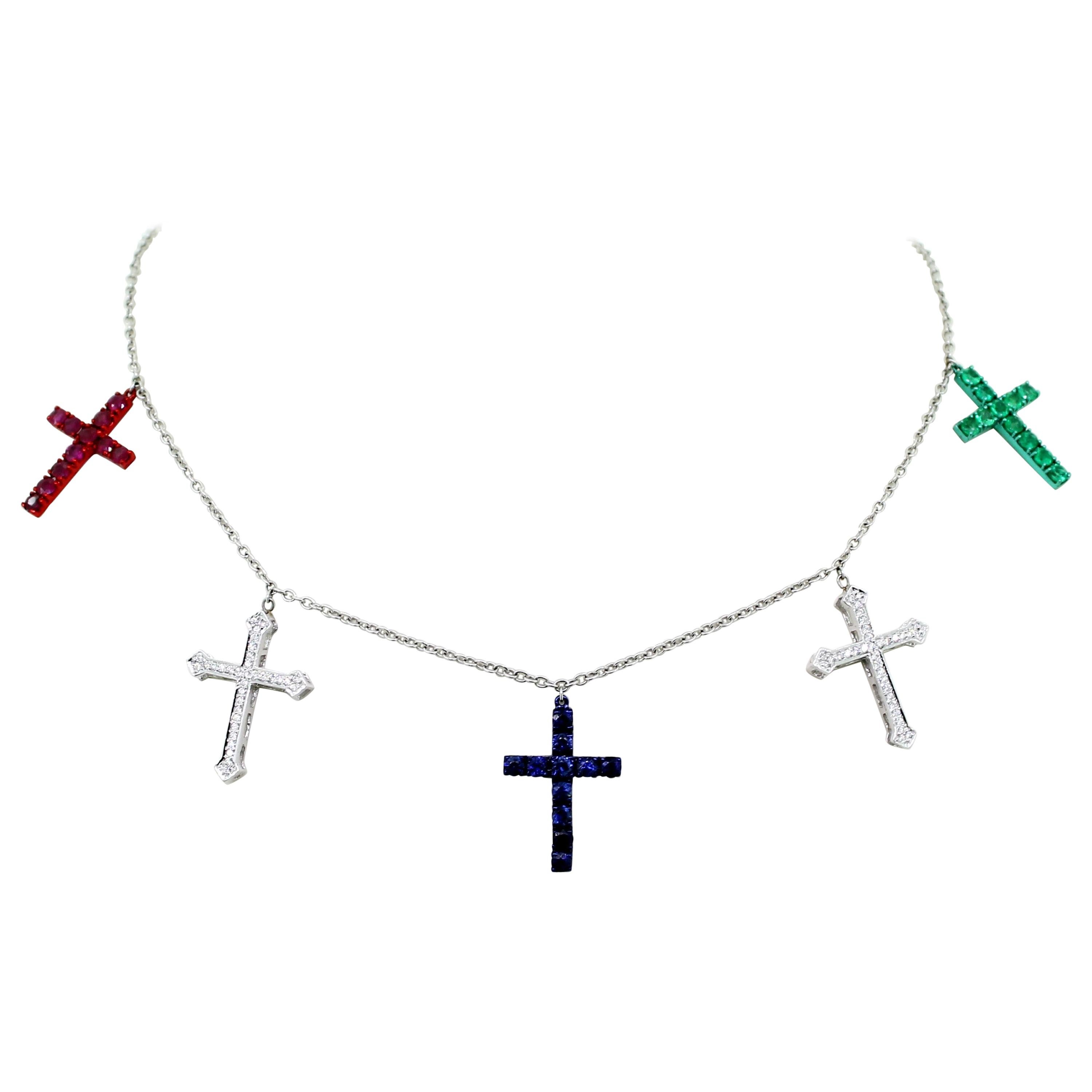 Diamonds, Emerald, Ruby and Sapphire Crosses Charms Necklace
