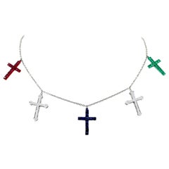 Diamonds, Emerald, Ruby and Sapphire Crosses Charms Necklace