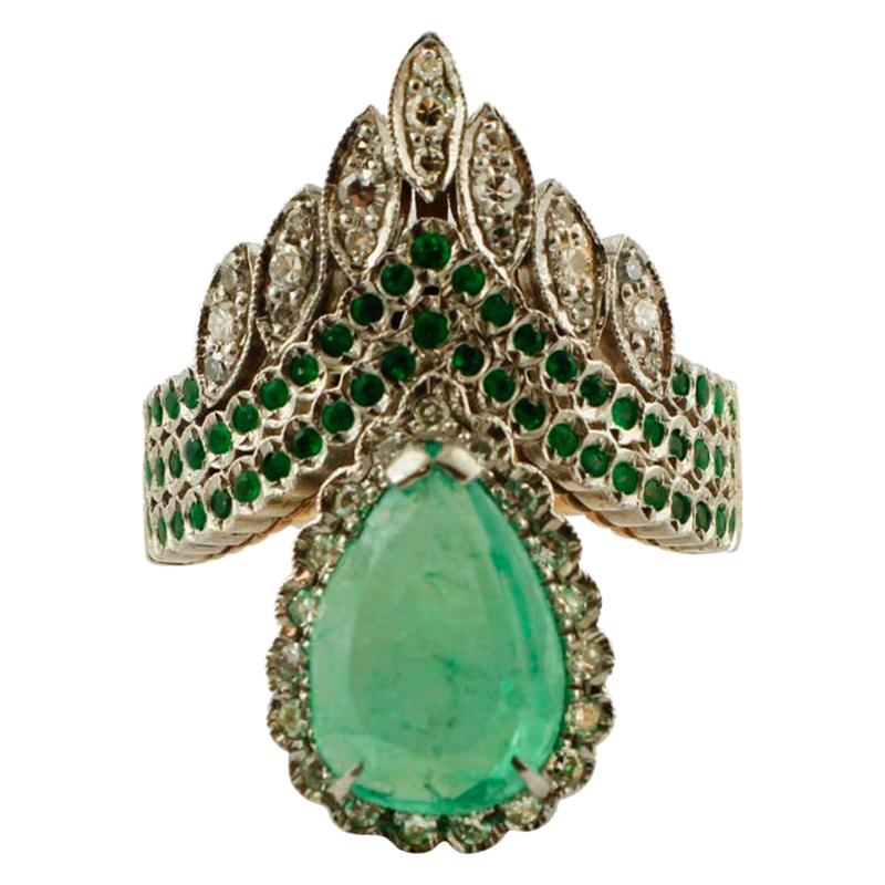 Diamonds, Emerald, Tsavorite, 9 Karat Yellow Gold and Silver, Vintage Ring