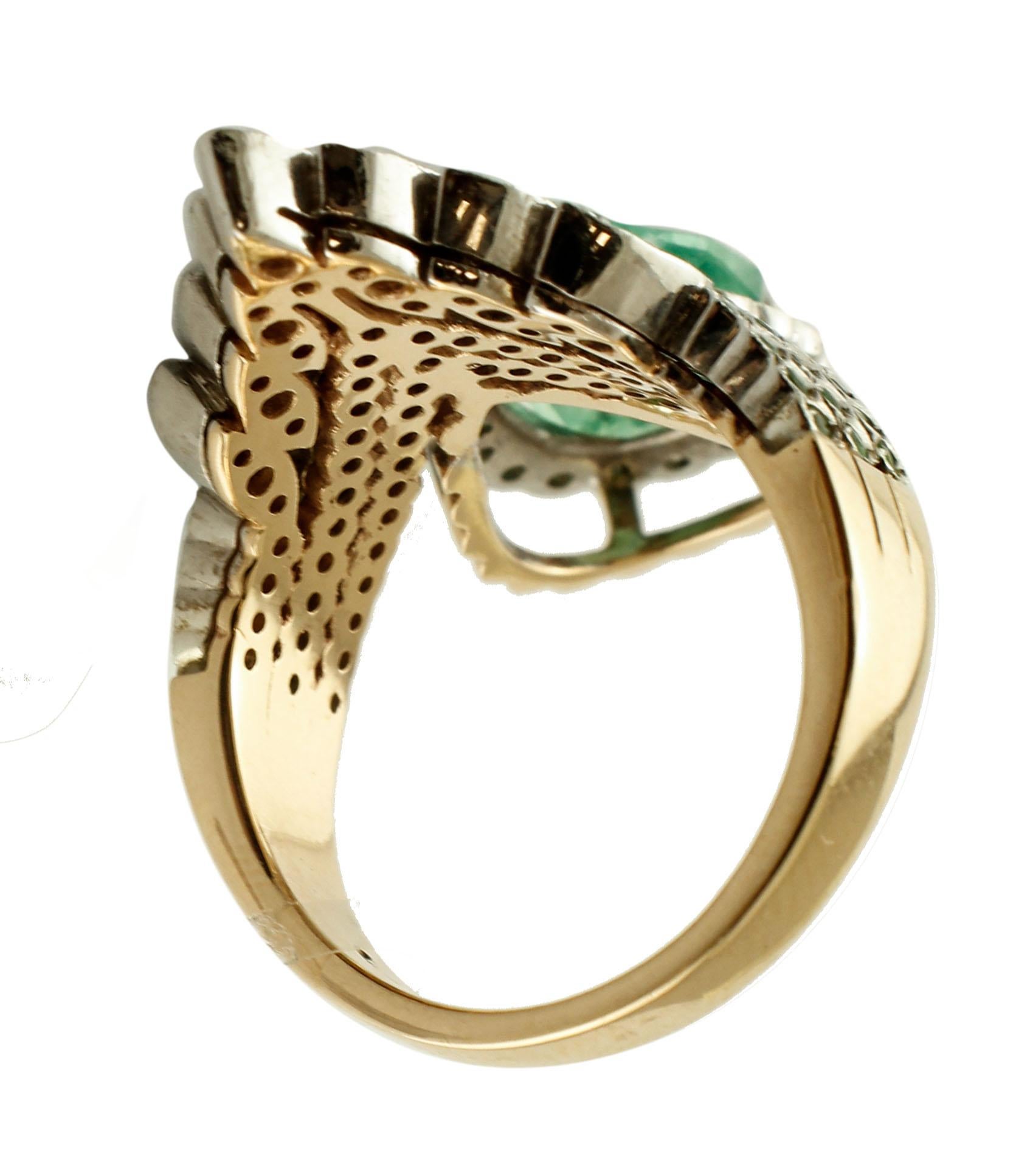 Retro Diamonds, Emerald, Tsavorite, 9 Karat Yellow Gold and Silver, Vintage Ring
