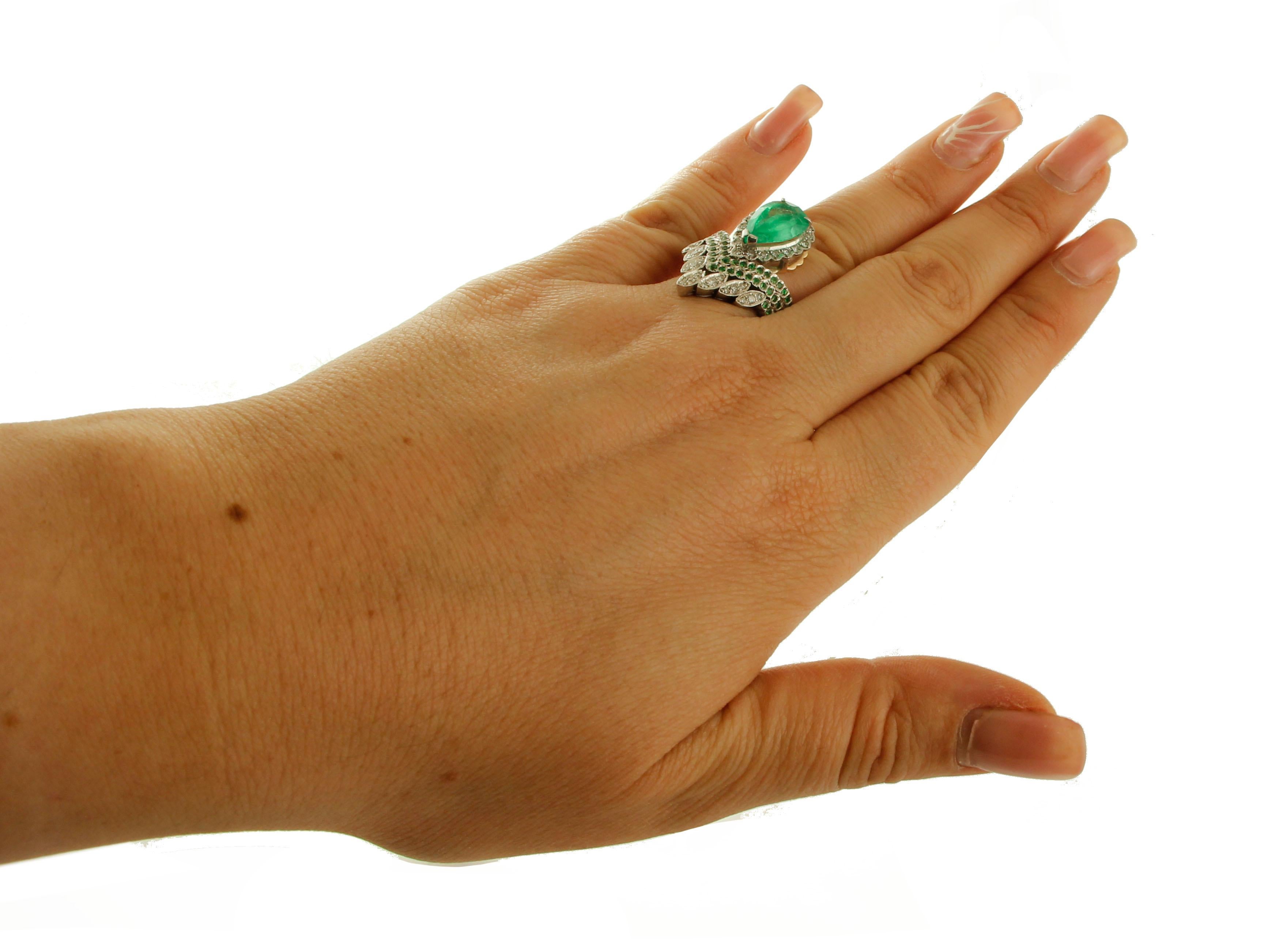 Women's Diamonds, Emerald, Tsavorite, 9 Karat Yellow Gold and Silver, Vintage Ring