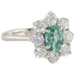 Diamonds Emerald White Gold Flower Cocktail Ring