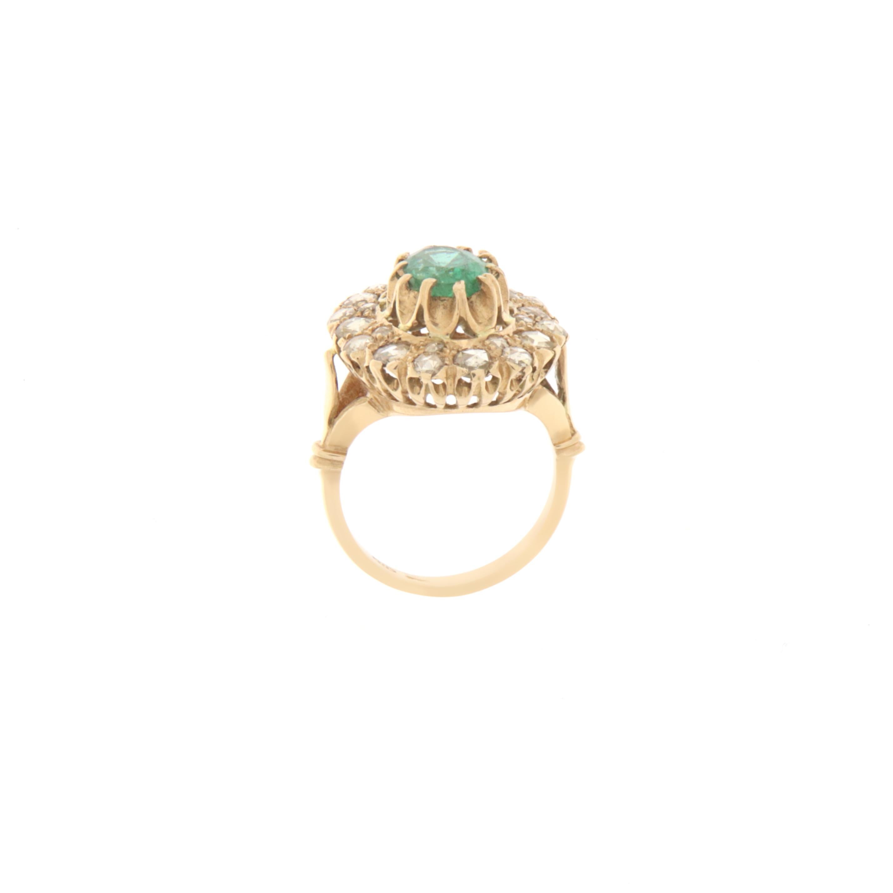 Retro Diamonds Emerald Yellow Gold 14 Karat Cocktail Ring For Sale