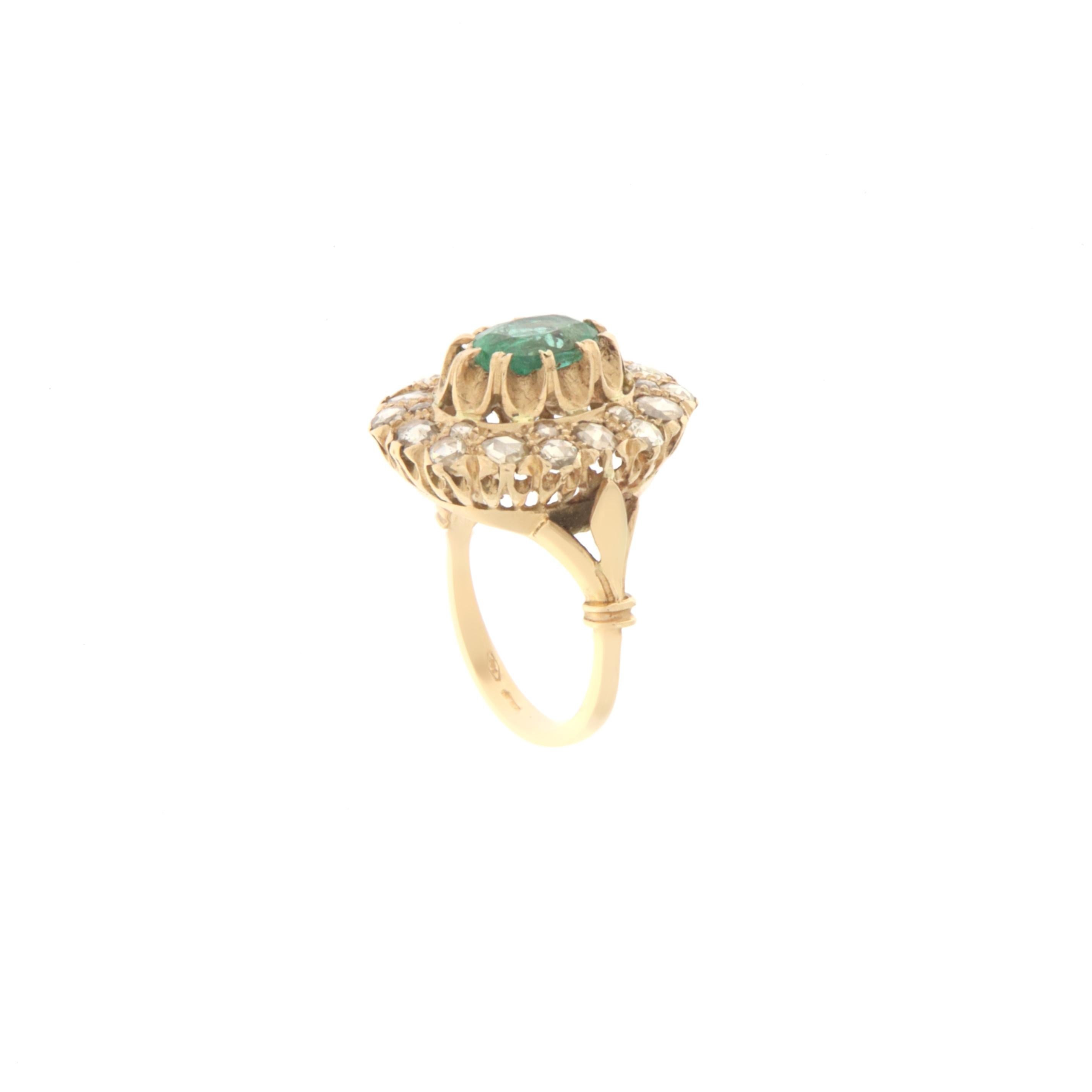 Rose Cut Diamonds Emerald Yellow Gold 14 Karat Cocktail Ring For Sale