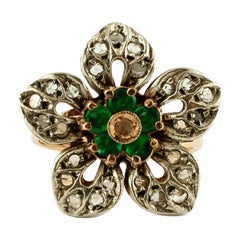 Diamonds, Emeralds, 14 Karat Rose Gold and Silver Antique Flower Ring