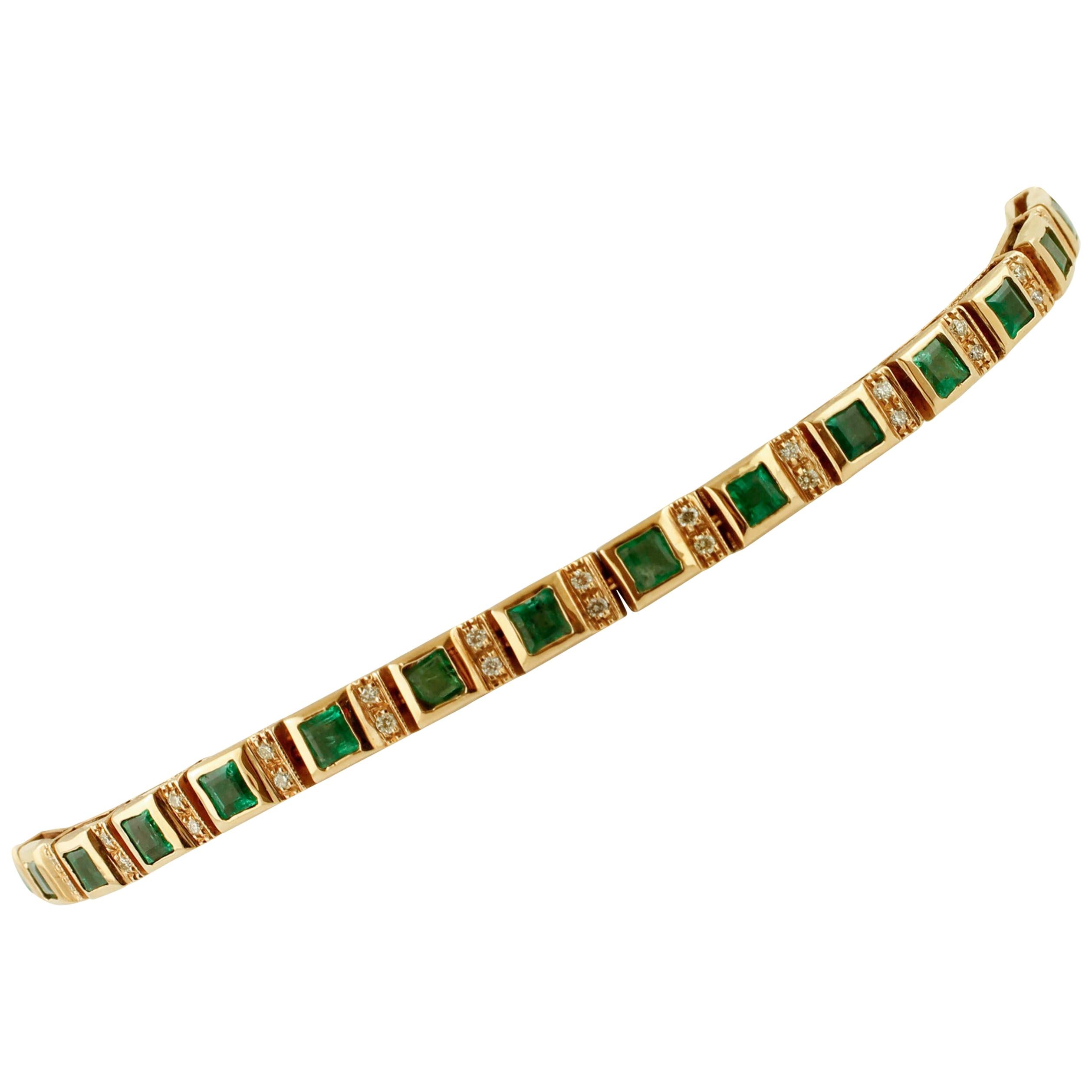 Diamonds, Emeralds, 14 Karat Rose Gold Link Tennis Bracelet