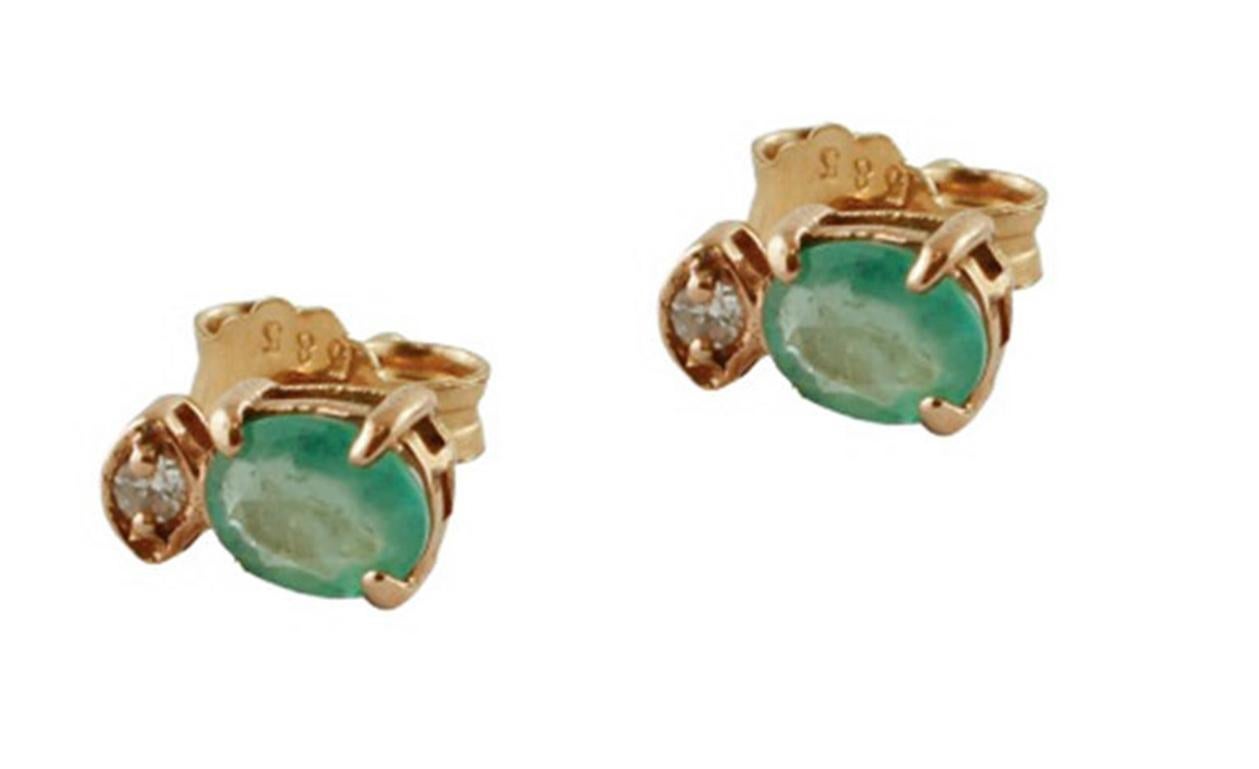 Modern Diamonds, Emeralds, 14 Karat Rose Gold Stud Earrings