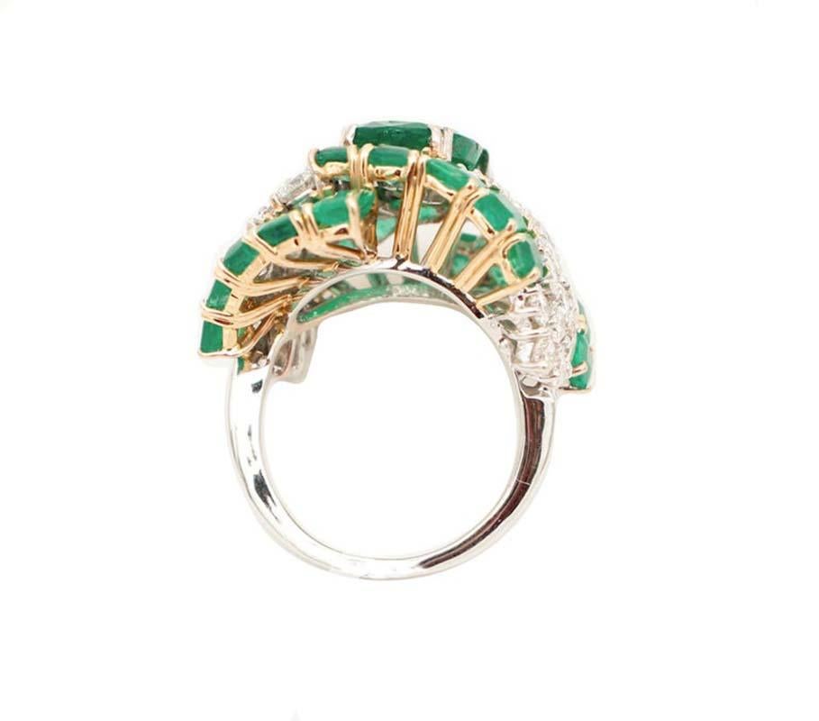 Retro Diamonds, Emeralds, 14 Karat White Gold Ring