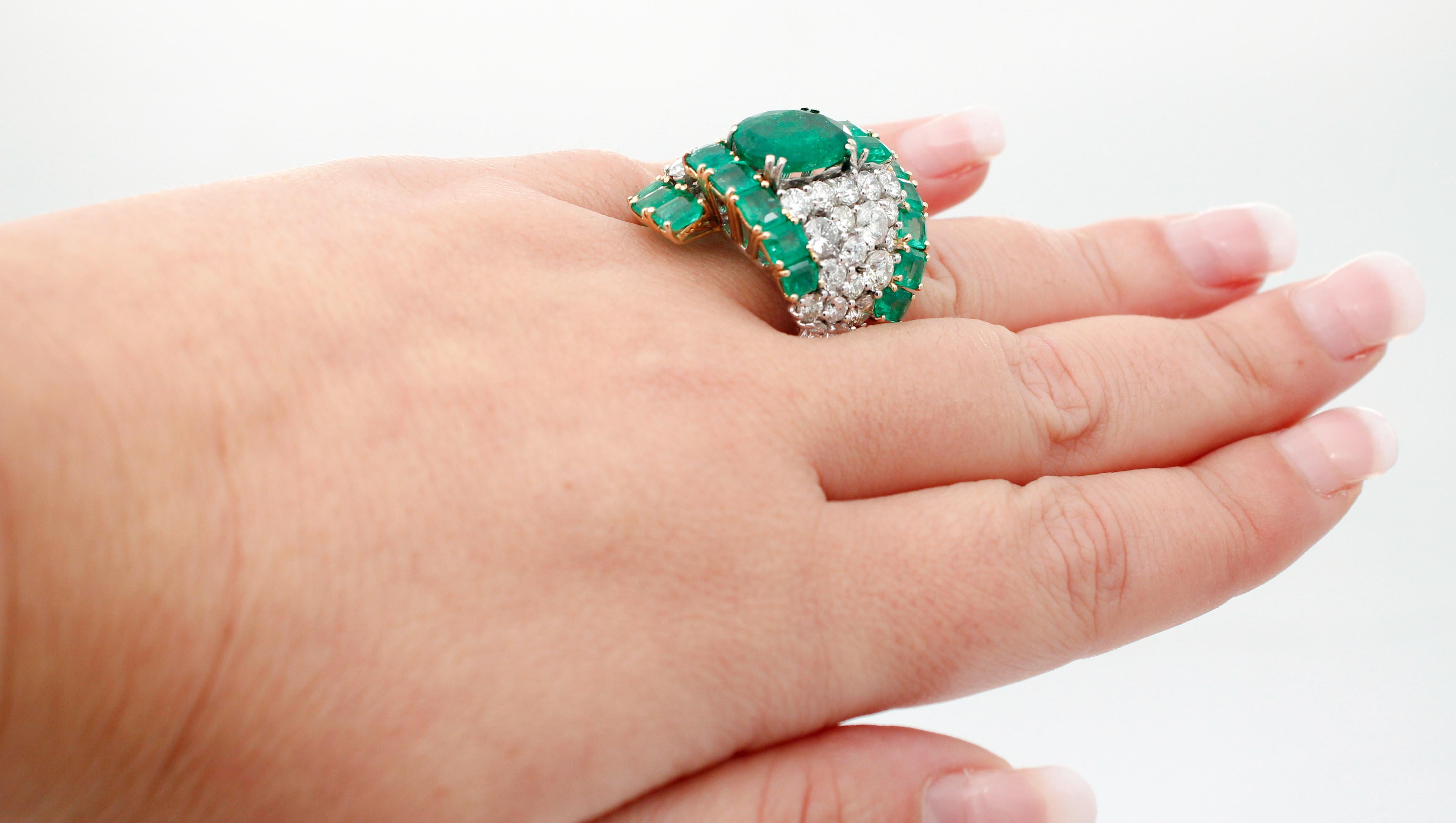 Mixed Cut Diamonds, Emeralds, 14 Karat White Gold Ring