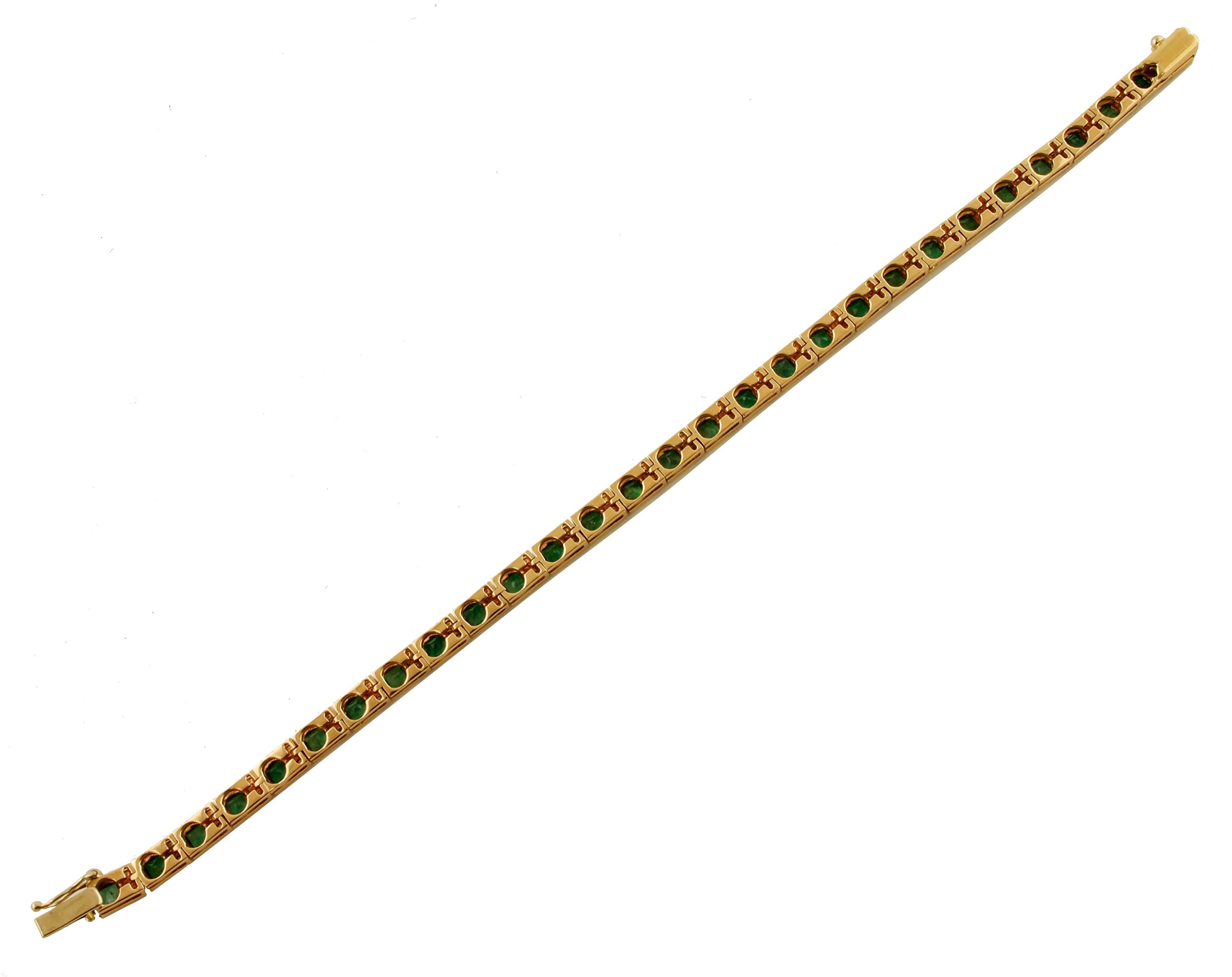 Diamonds, Emeralds, 14 Karat Rose Gold Link Tennis Bracelet In Excellent Condition In Marcianise, Marcianise (CE)