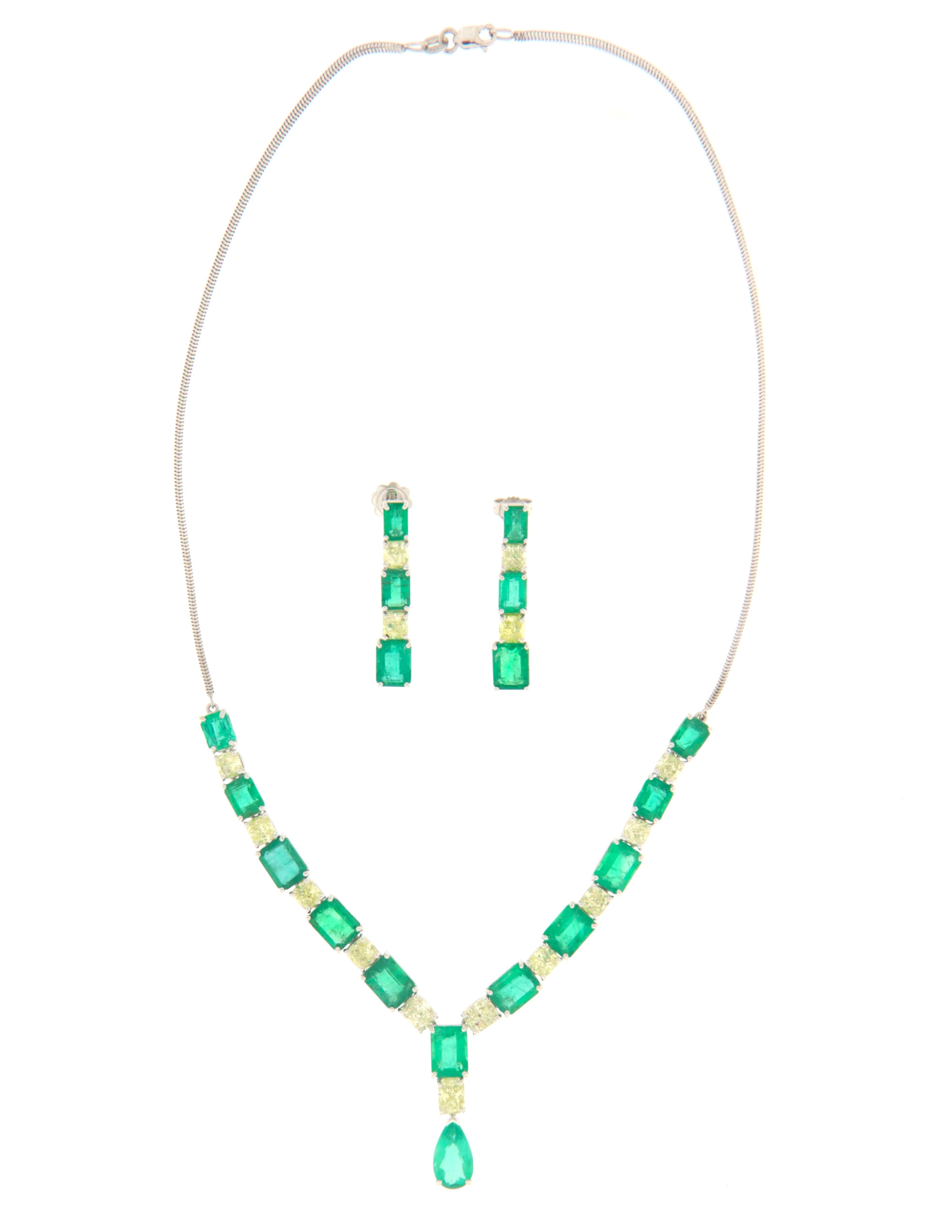 Artisan Diamonds Emeralds 18 Karat White Gold Drop Earrings And Choker Necklace For Sale