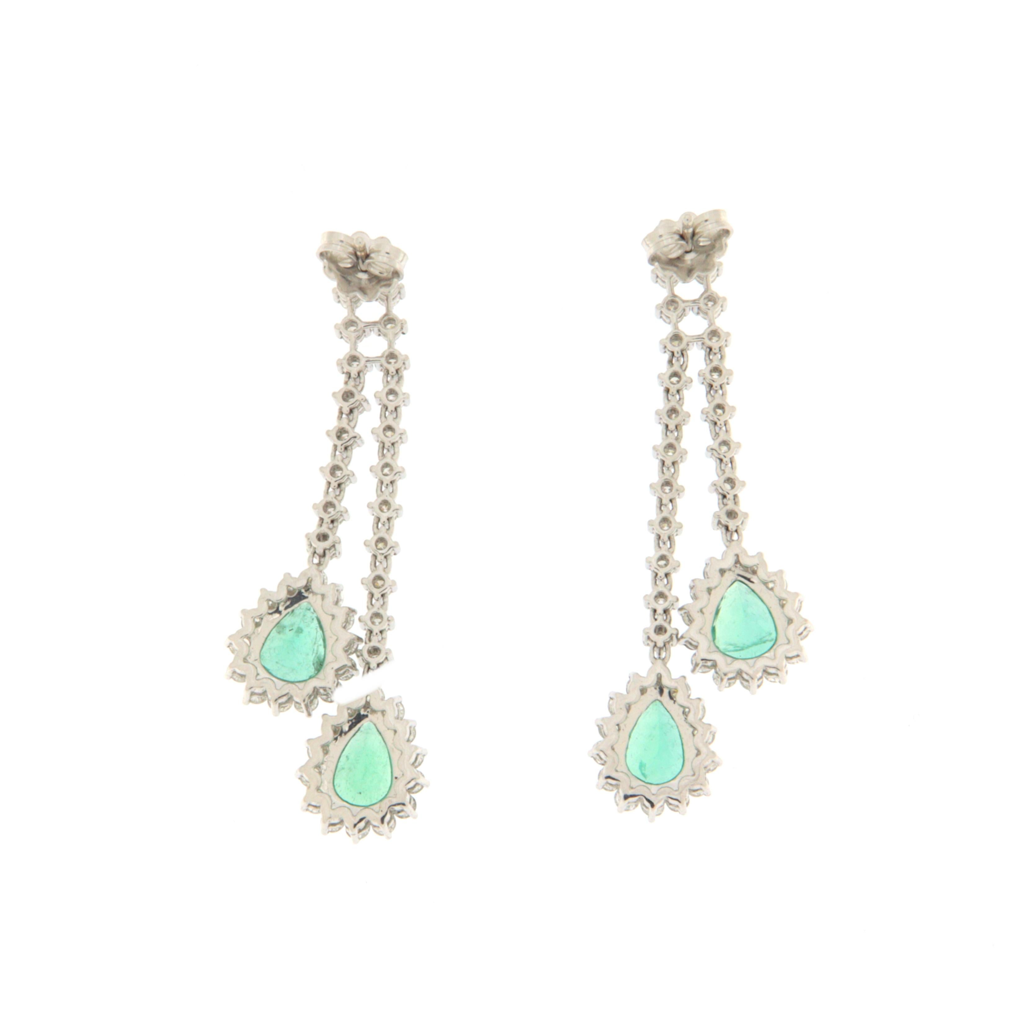 Artisan Diamonds Emeralds 18 Karat White Gold Drop Earrings For Sale