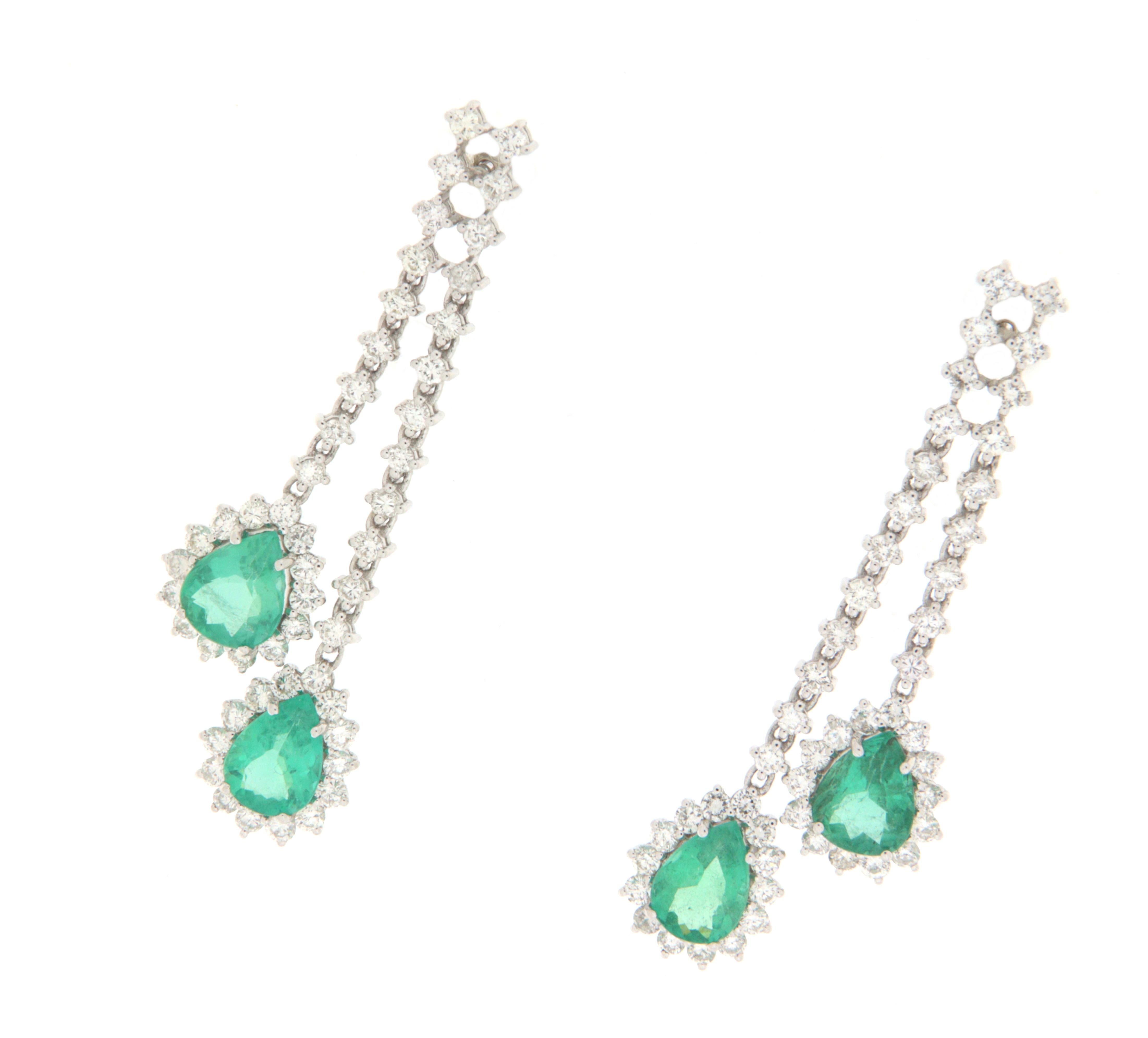 Emerald Cut Diamonds Emeralds 18 Karat White Gold Drop Earrings For Sale