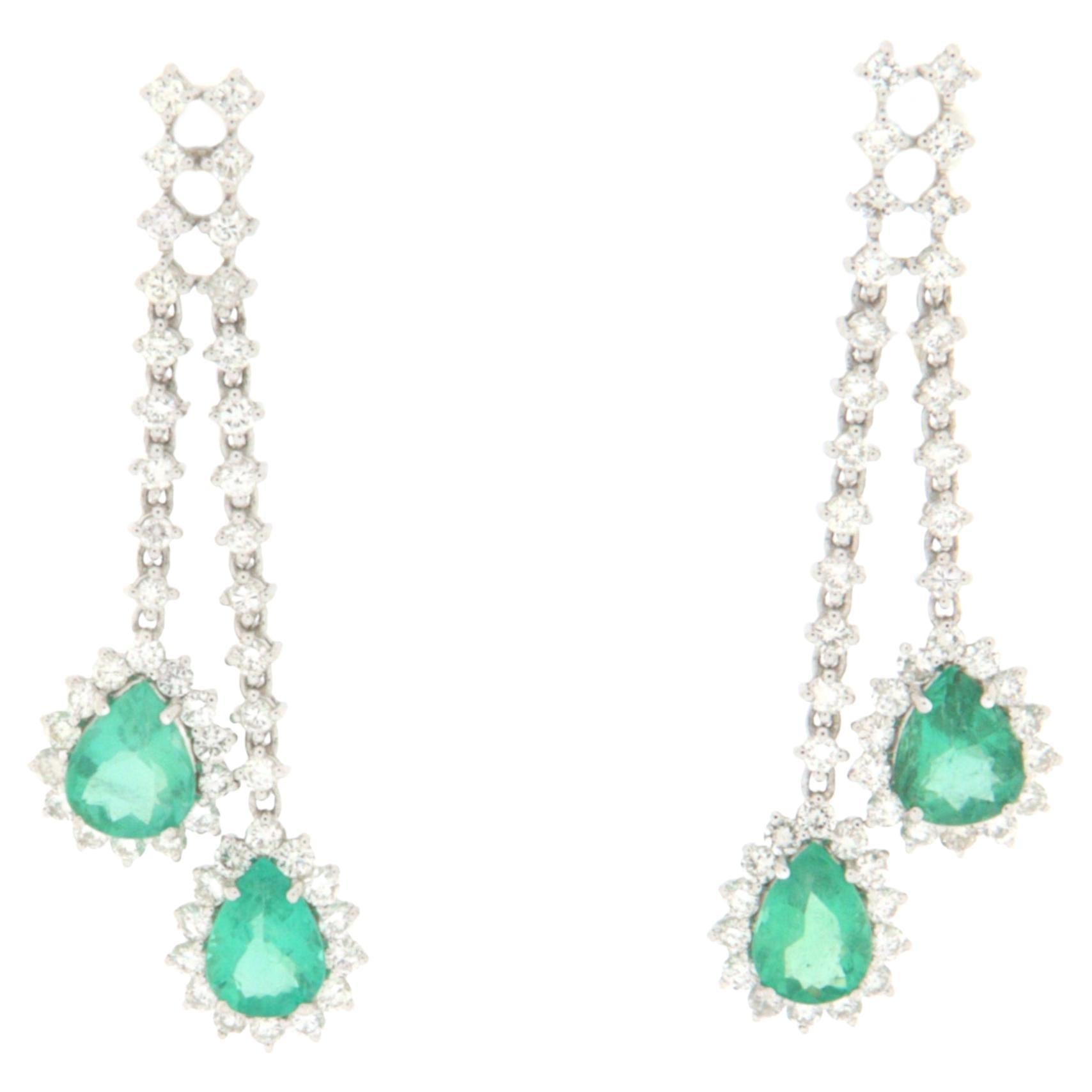 Diamonds Emeralds 18 Karat White Gold Drop Earrings For Sale