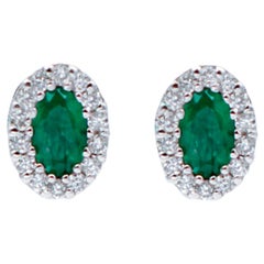 Diamonds, Emeralds, 18 Karat White Gold Oval Shape Stud Earrings