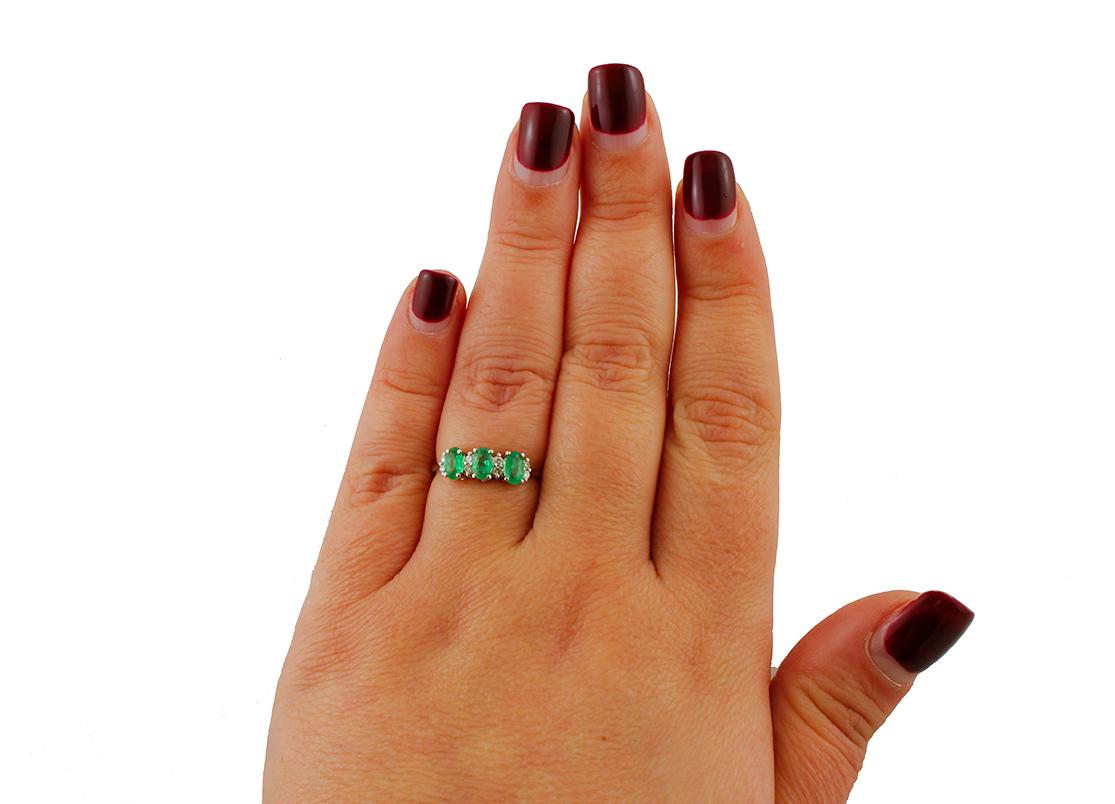 Women's Diamonds, Emeralds, 18 Karat White Gold Ring