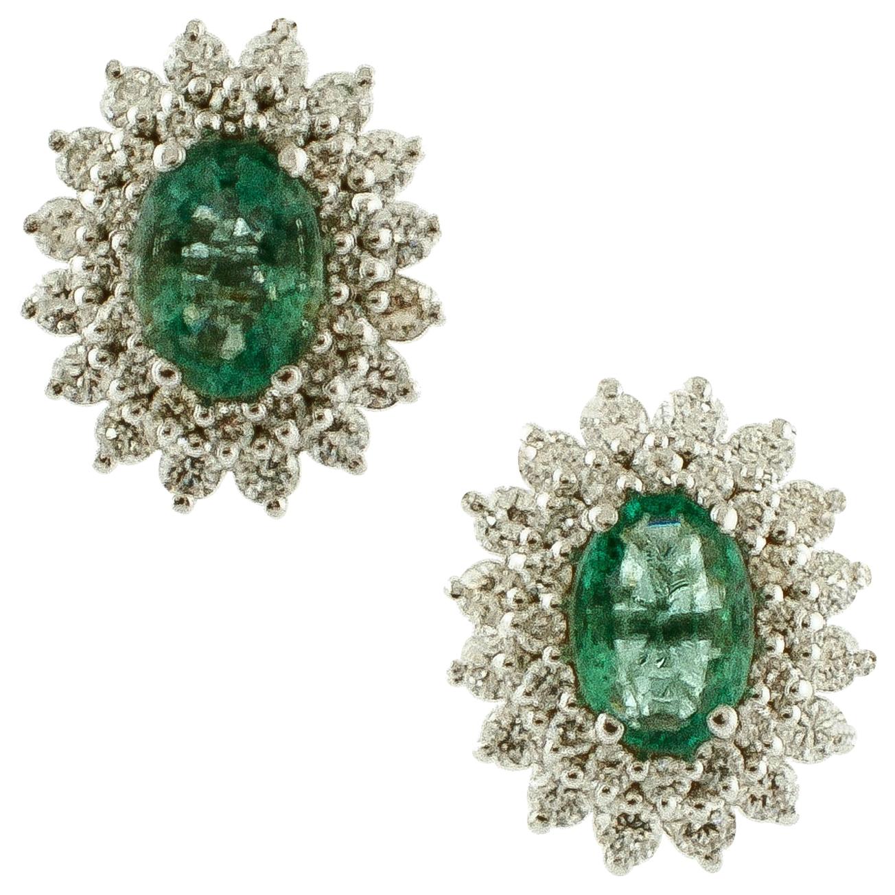 Diamonds, Emeralds, 18 Karat White Gold Stud Earrings