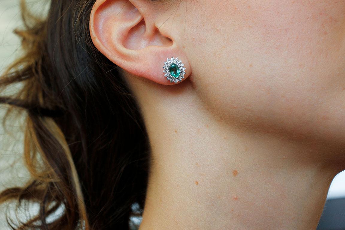 Diamonds, Emeralds, 18 Karat White Gold Stud Earrings 1