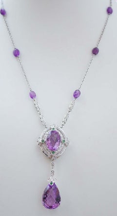 Diamonds, Emeralds, Amethysts, 14 Karat White Gold Pendant Necklace.