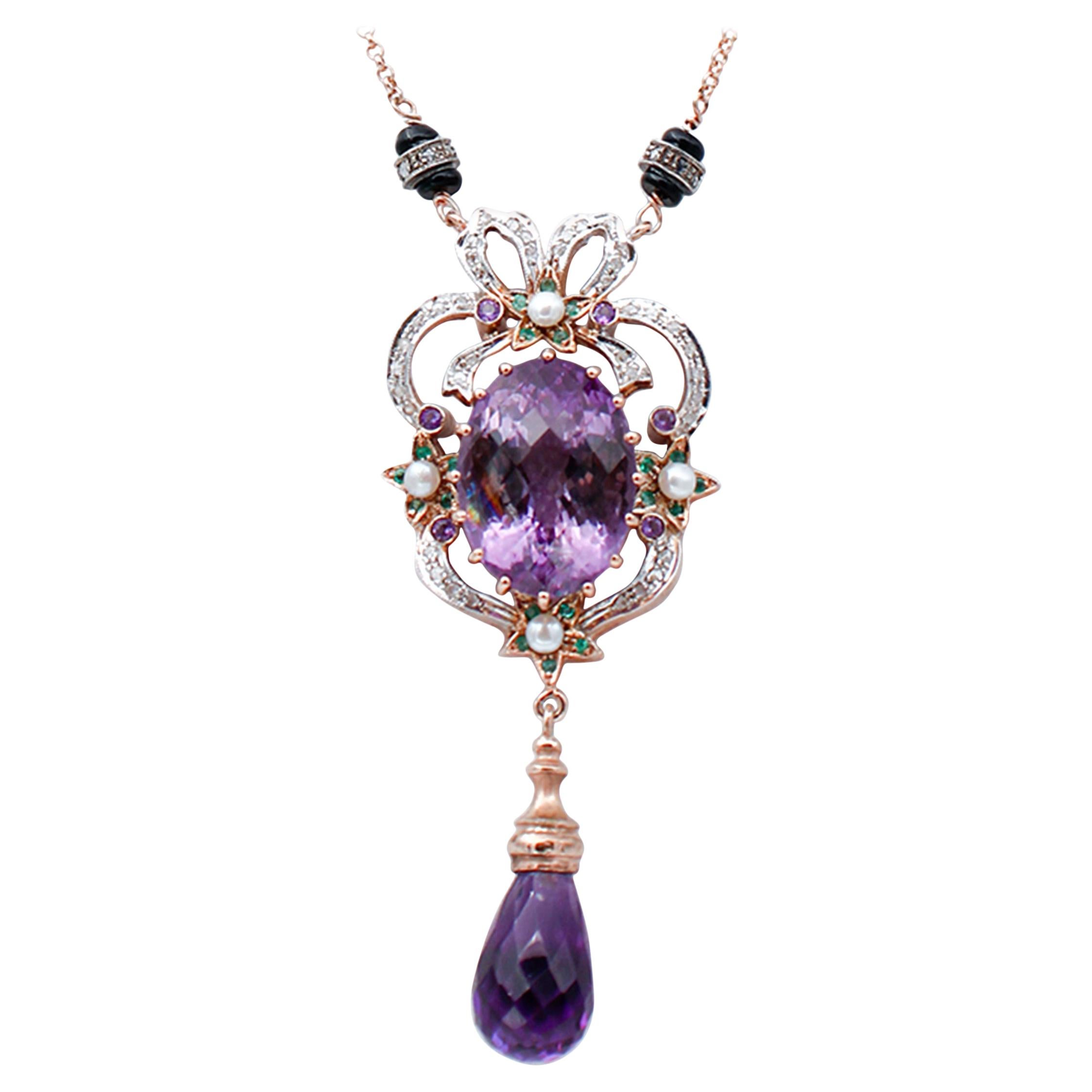 Diamonds, Emeralds, Amethysts, Onyx, Pearls, 9Karat Rose Gold and Silver Necklace