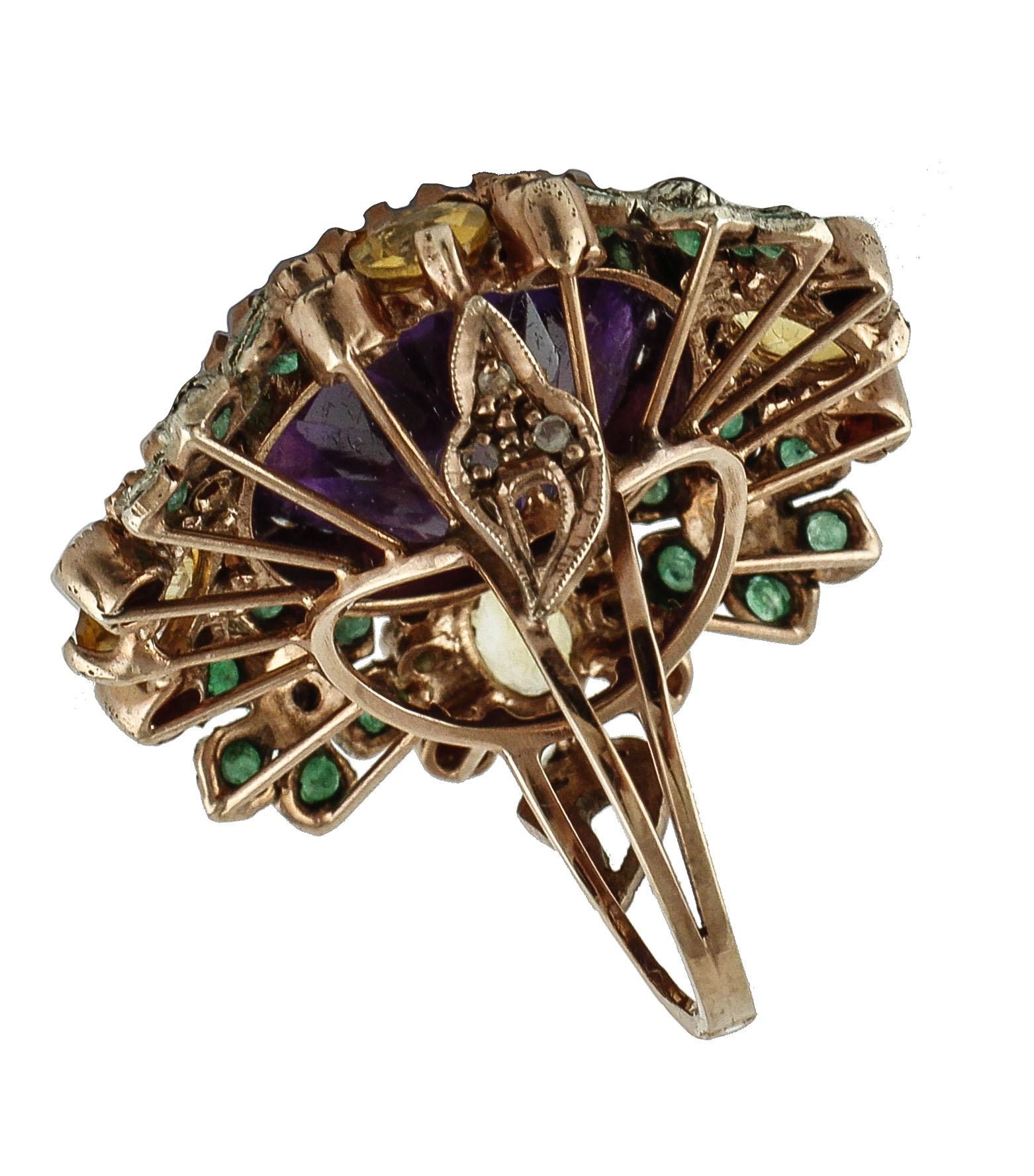 Retro Diamonds Emeralds Amethysts Topazes Garnets Rose Gold and Silver Cocktail Ring
